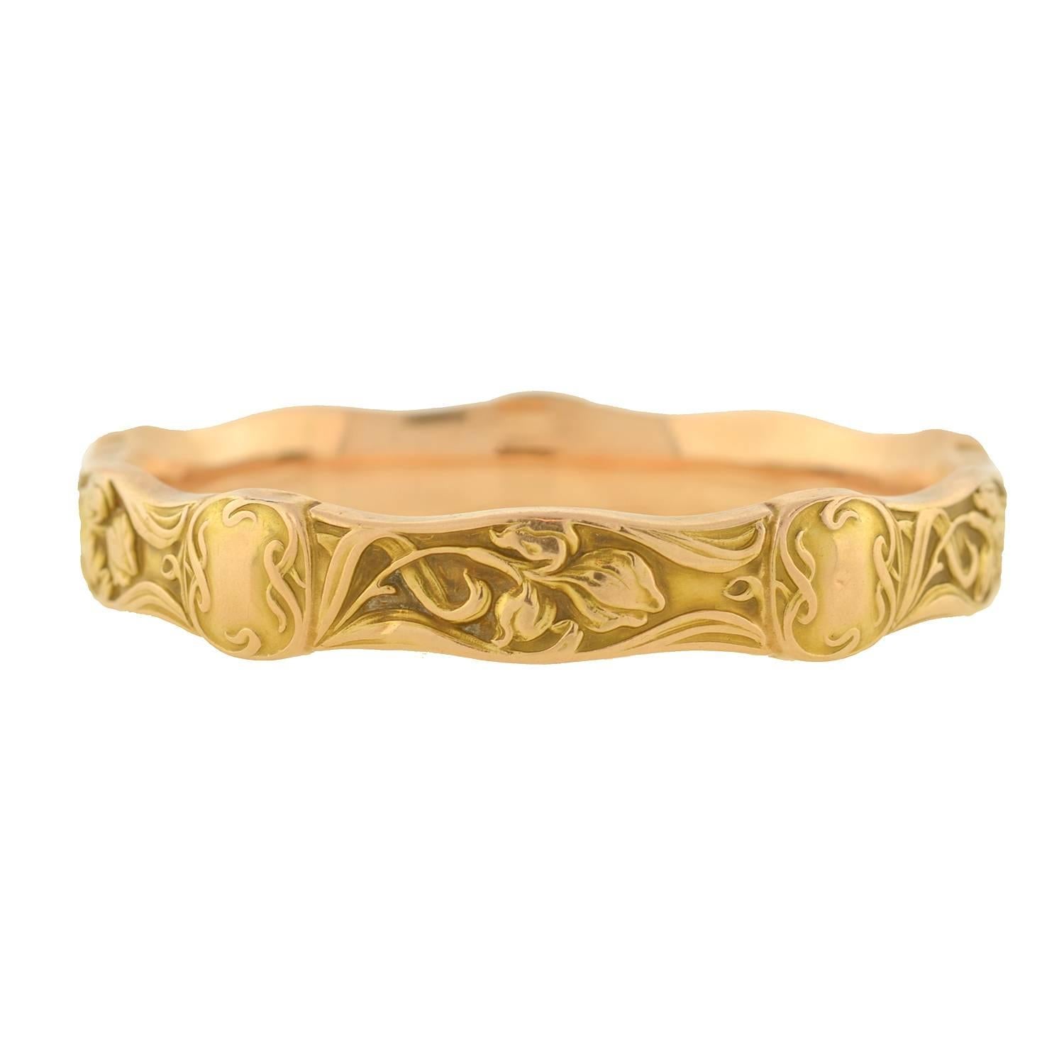 Riker Brothers Art Nouveau Iris Motif Gold Repousse Bangle Bracelet In Excellent Condition In Narberth, PA