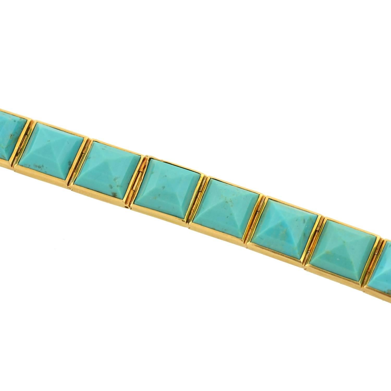 Antique Victorian Carved Turquoise Flexible Link Bracelet In Excellent Condition In Narberth, PA