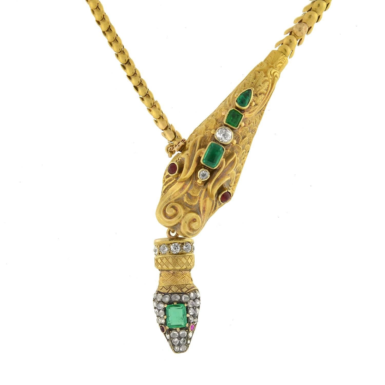 Victorian Multi Gemstone Dragon Snake Gold Necklace