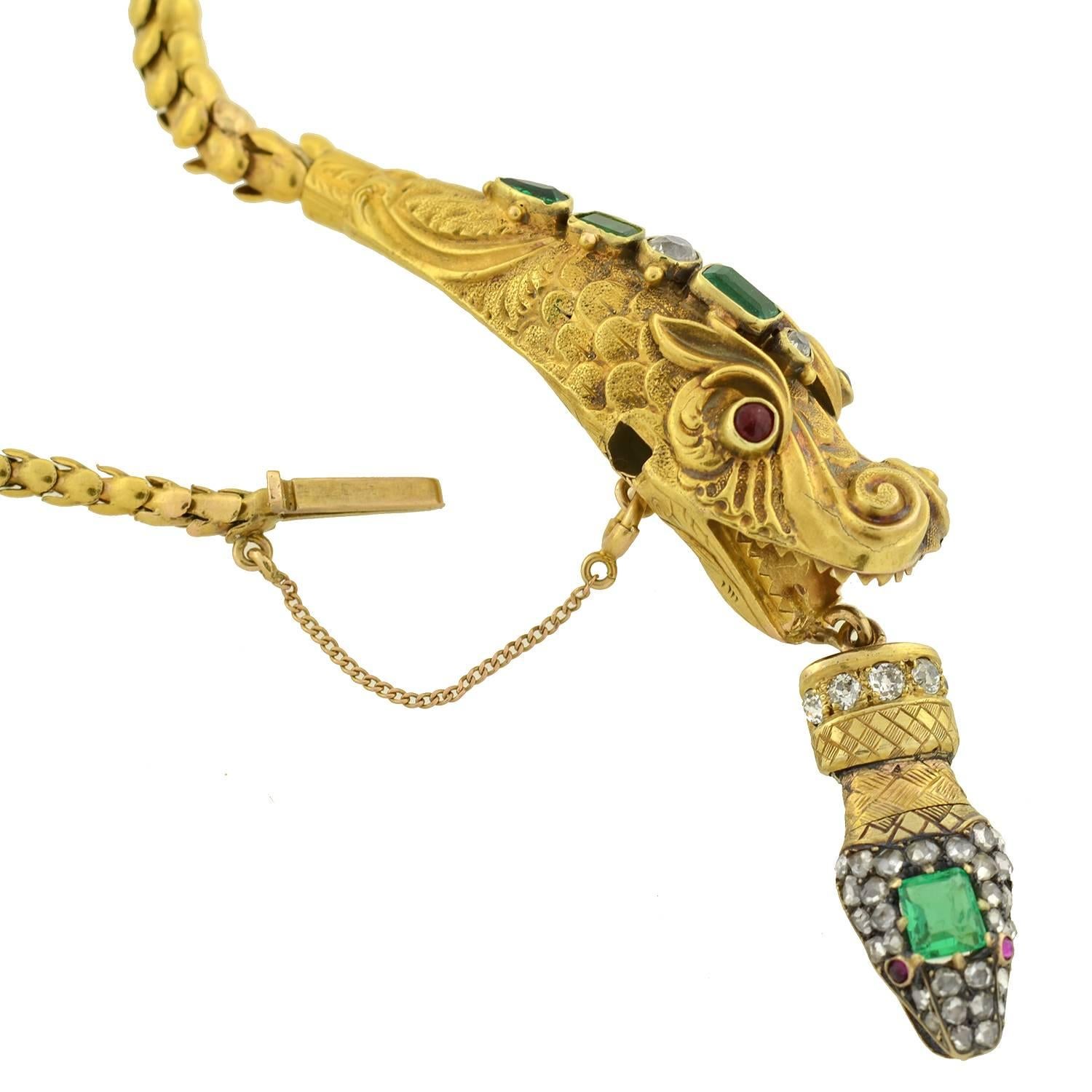 Victorian Multi Gemstone Dragon Snake Gold Necklace 1