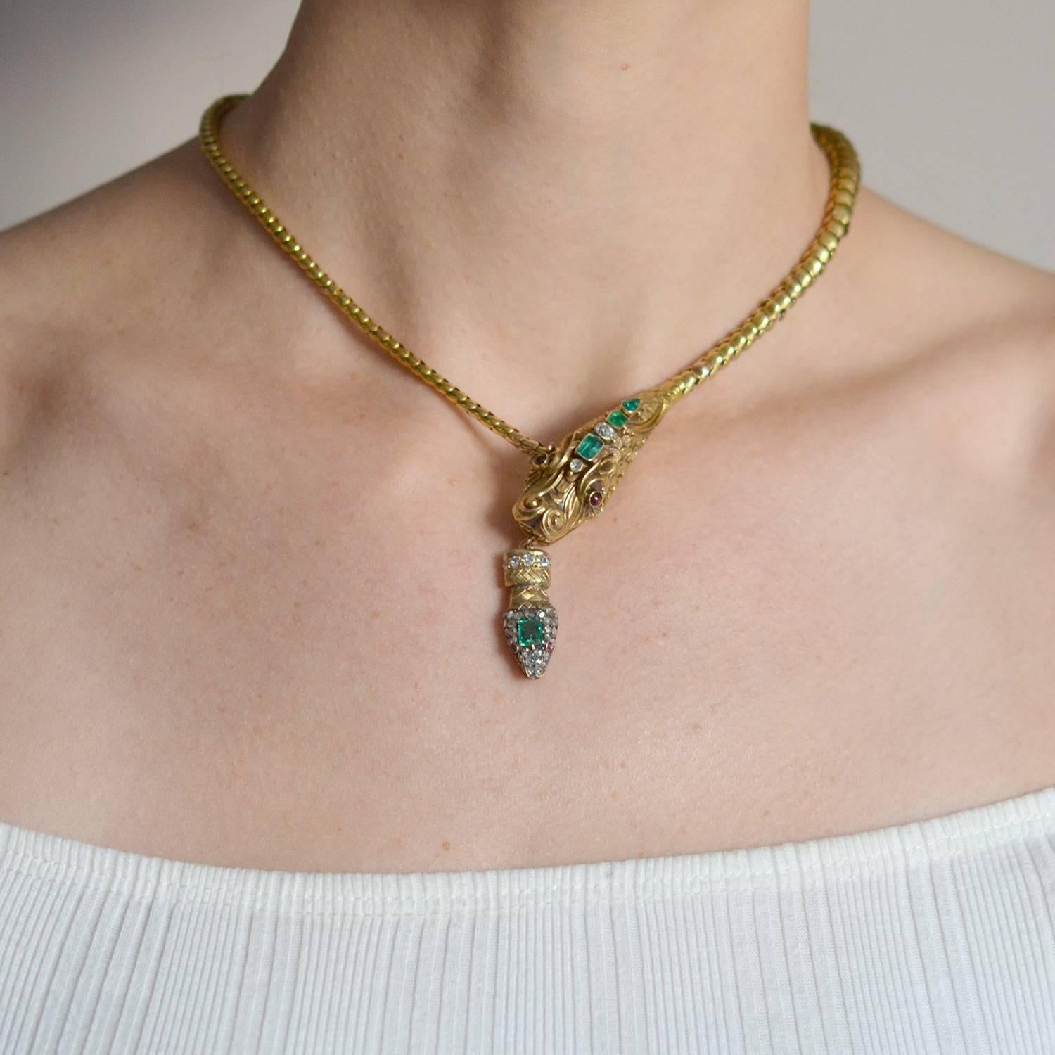 Victorian Multi Gemstone Dragon Snake Gold Necklace 3
