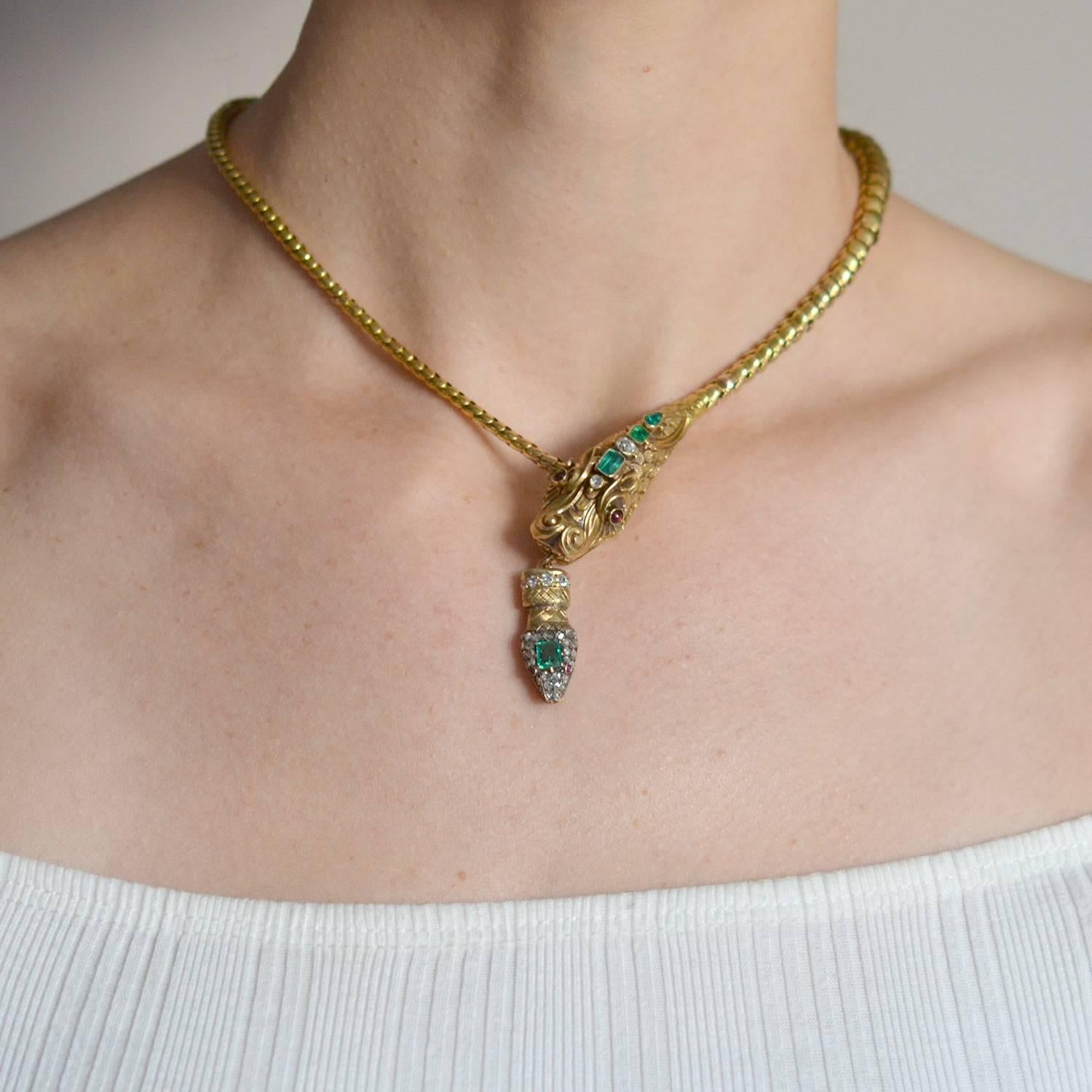 Victorian Multi Gemstone Dragon Snake Gold Necklace 3
