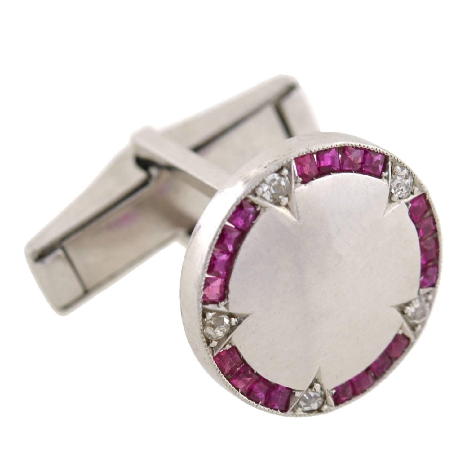 Women's or Men's Art Deco Calibrated Ruby Diamond Platinum Cufflinks