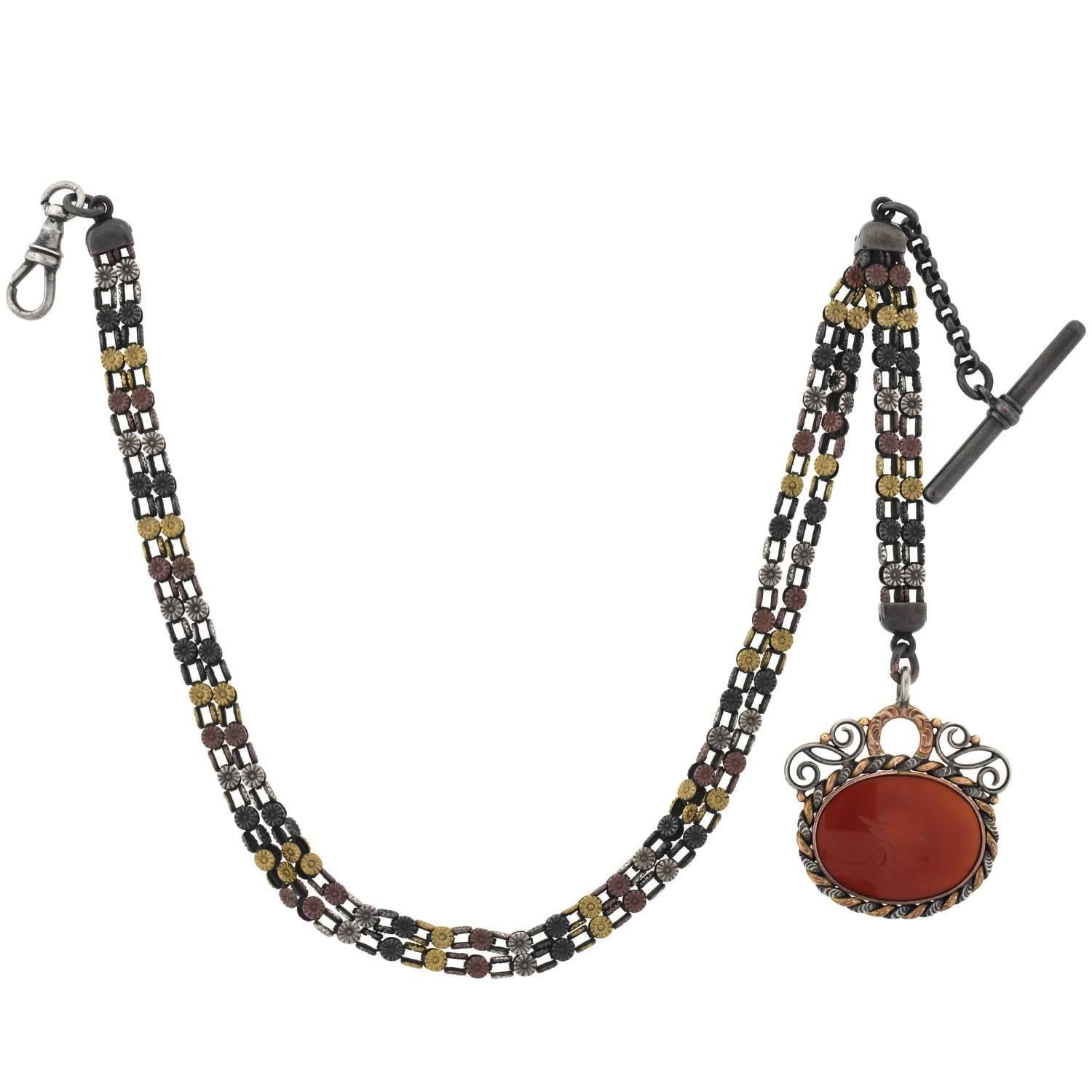 Victorian Shakudo Mixed Metals Watch Chain with Carnelian Fob