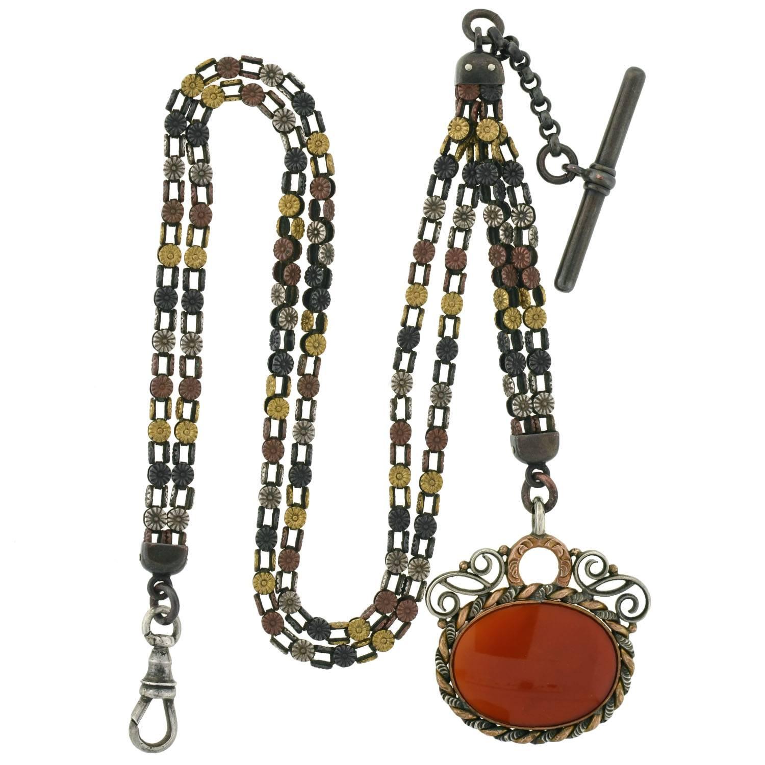 Victorian Shakudo Mixed Metals Watch Chain with Carnelian Fob 4