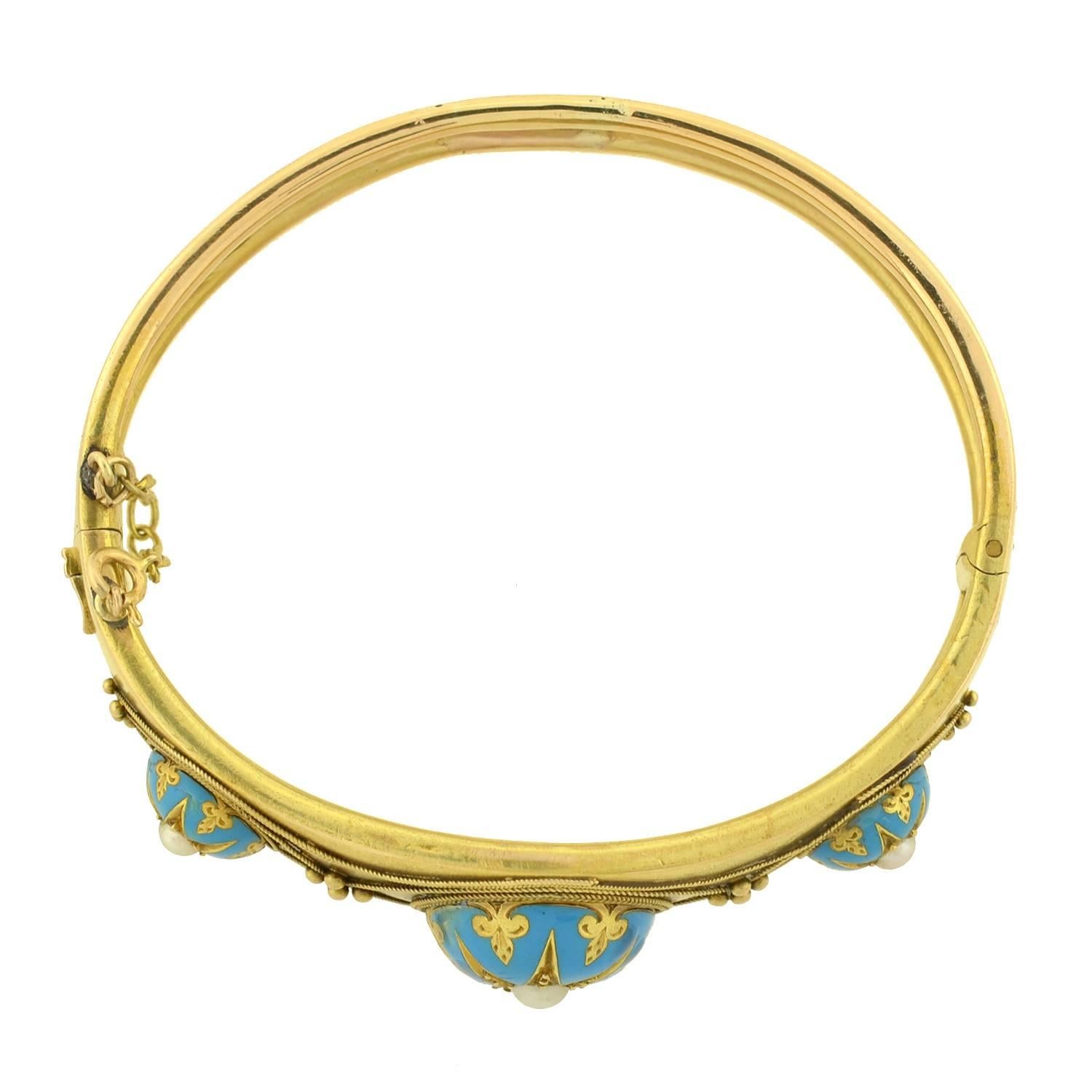Women's Victorian Etruscan Pearl, Enamel Starburst Motif Bracelet For Sale