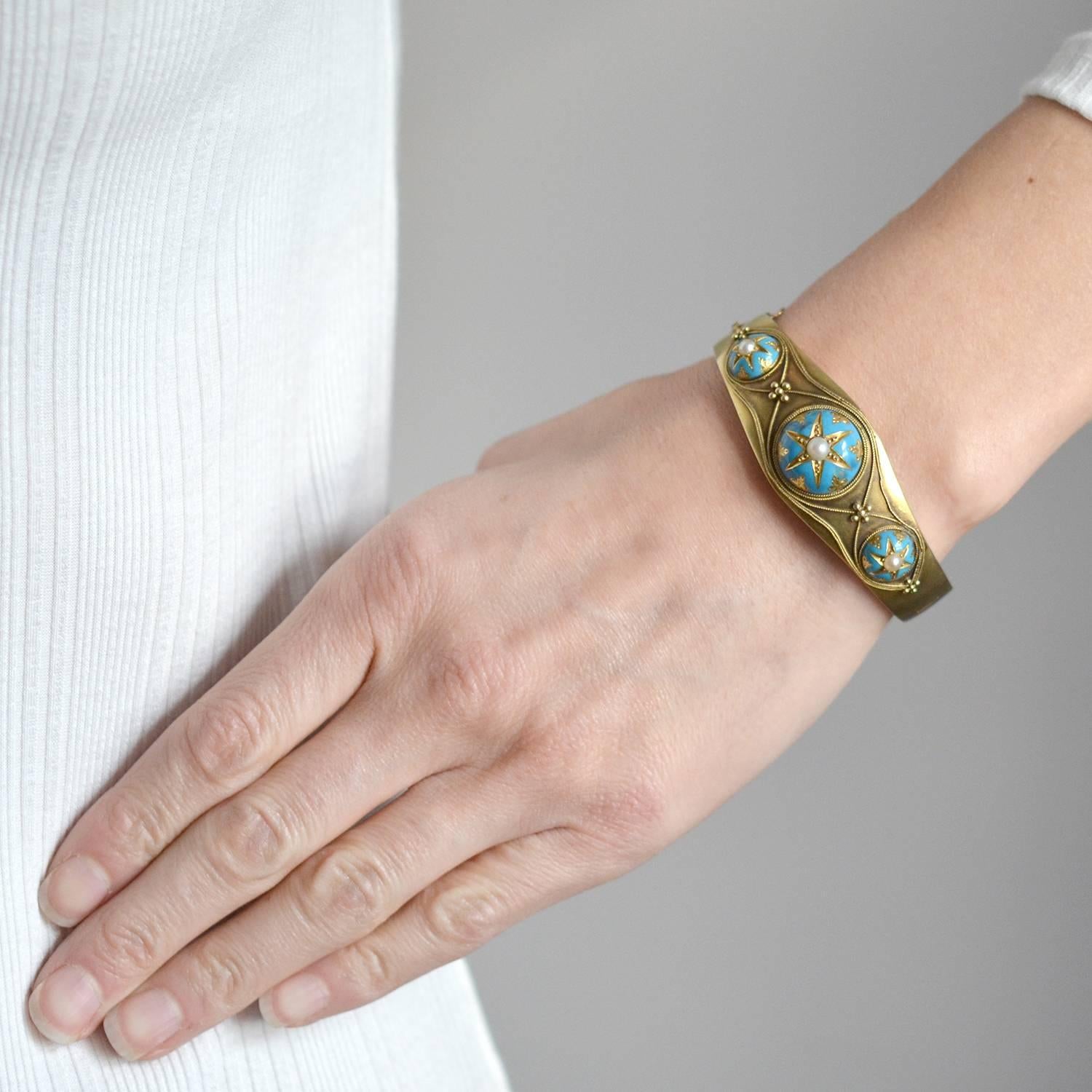 Victorian Etruscan Pearl, Enamel Starburst Motif Bracelet For Sale 1