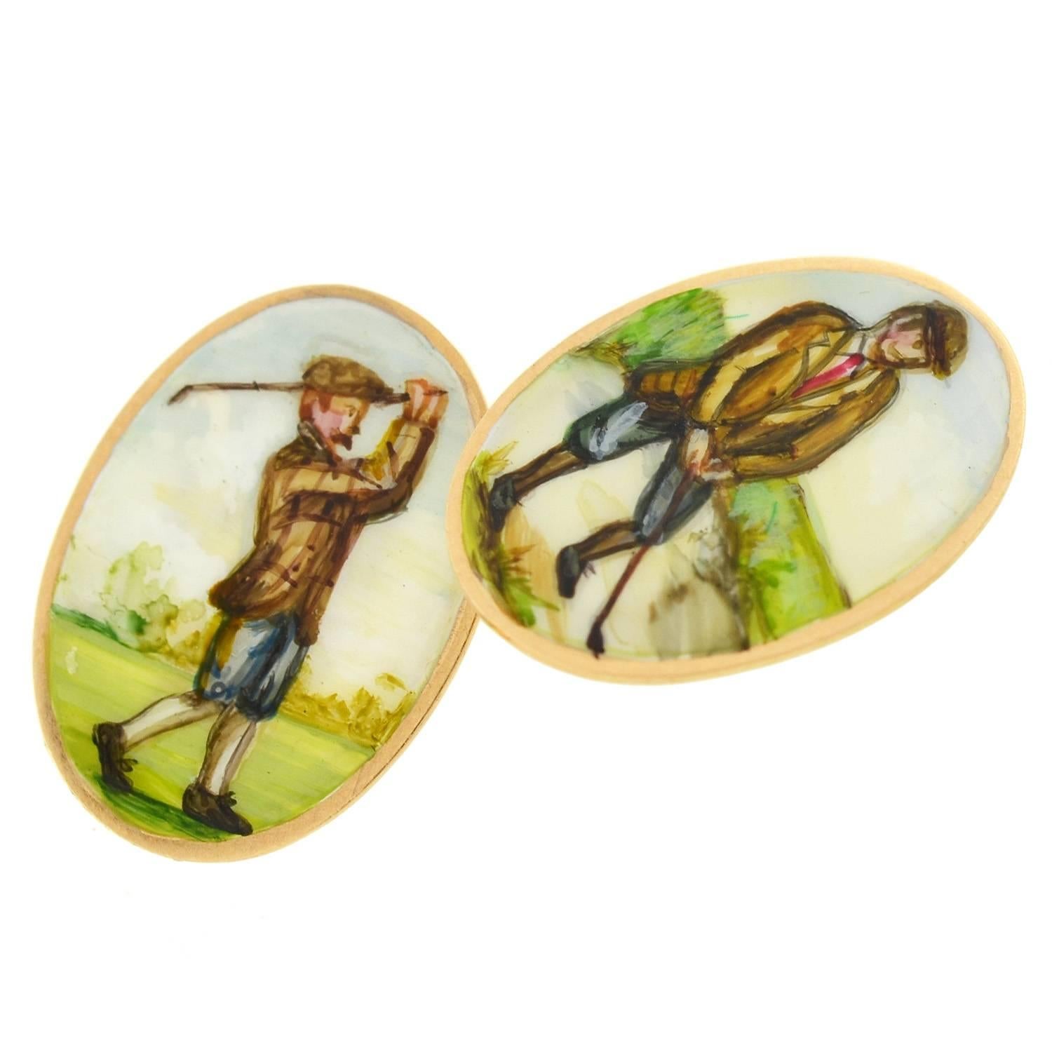 Women's or Men's Victorian Enameled Painted Golf Motif Double Sided Cufflinks For Sale