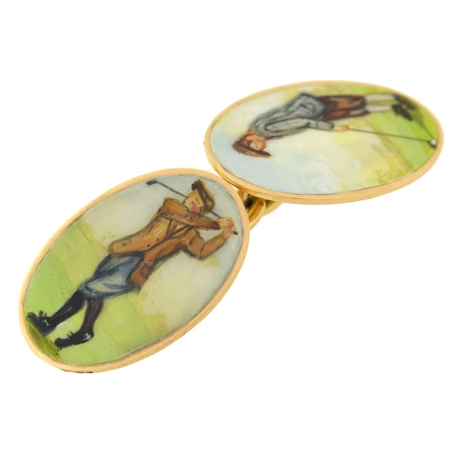 Victorian Enameled Painted Golf Motif Double Sided Cufflinks For Sale 2