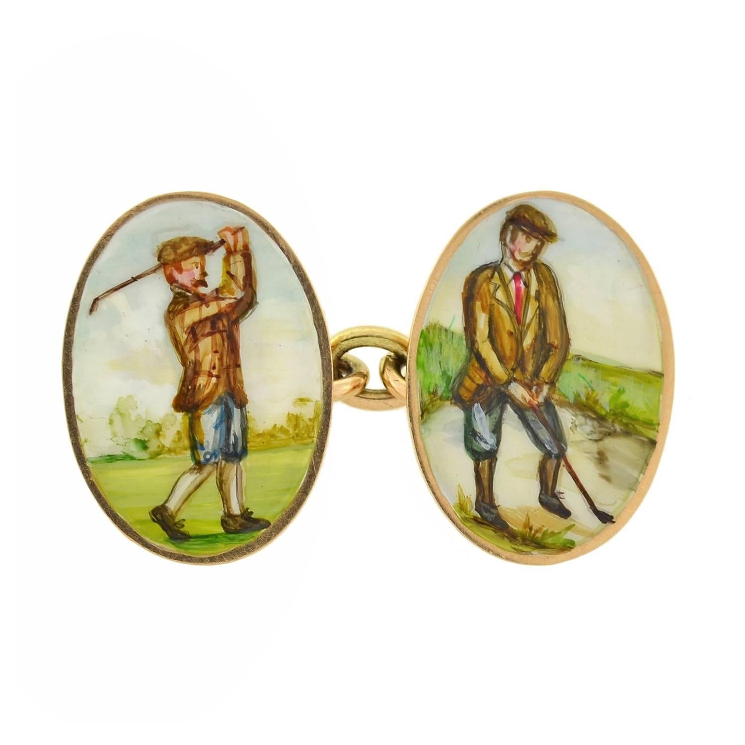 Victorian Enameled Painted Golf Motif Double Sided Cufflinks In Excellent Condition For Sale In Narberth, PA