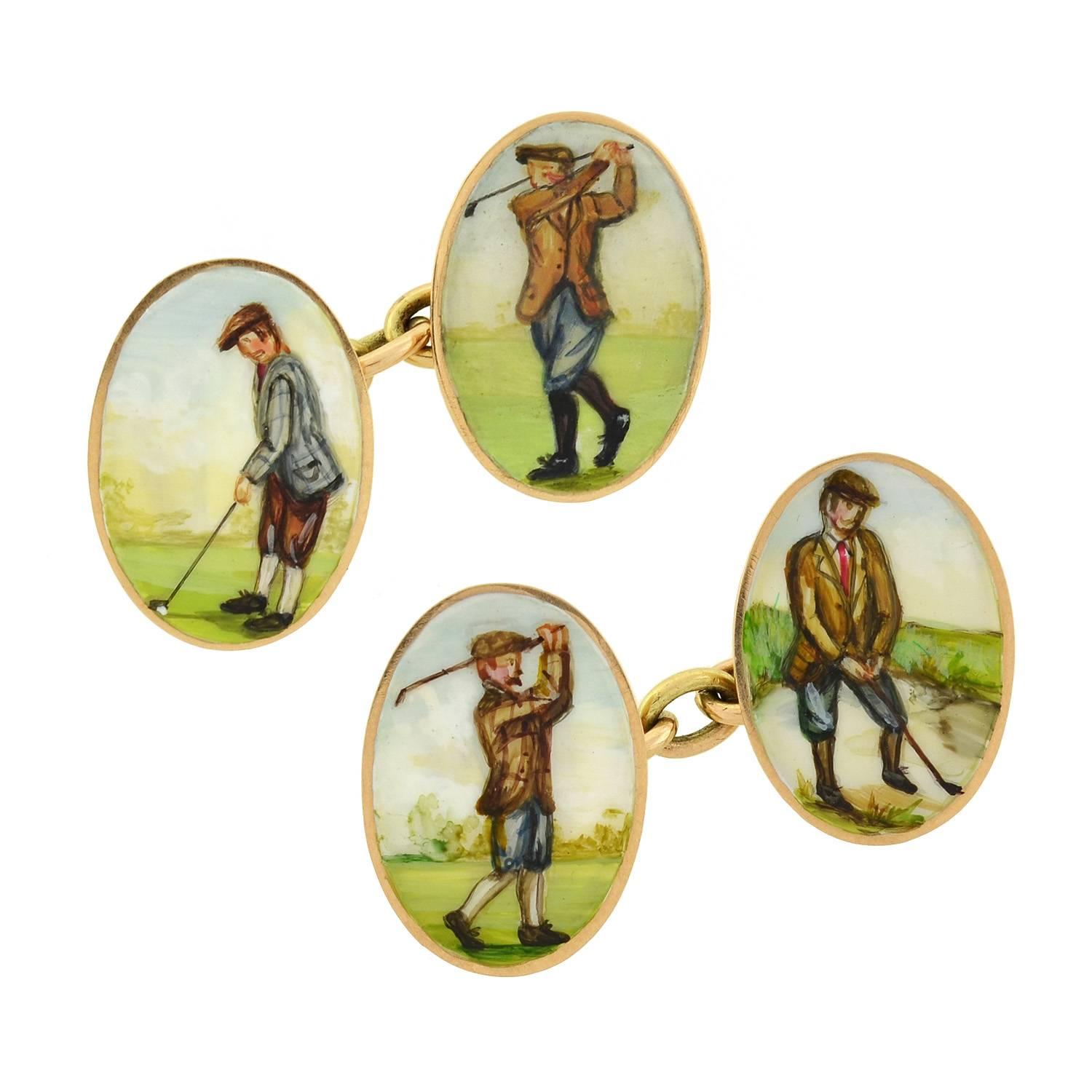 Boutons de manchette victoriens double face émaillés et peints à motif de golf en vente