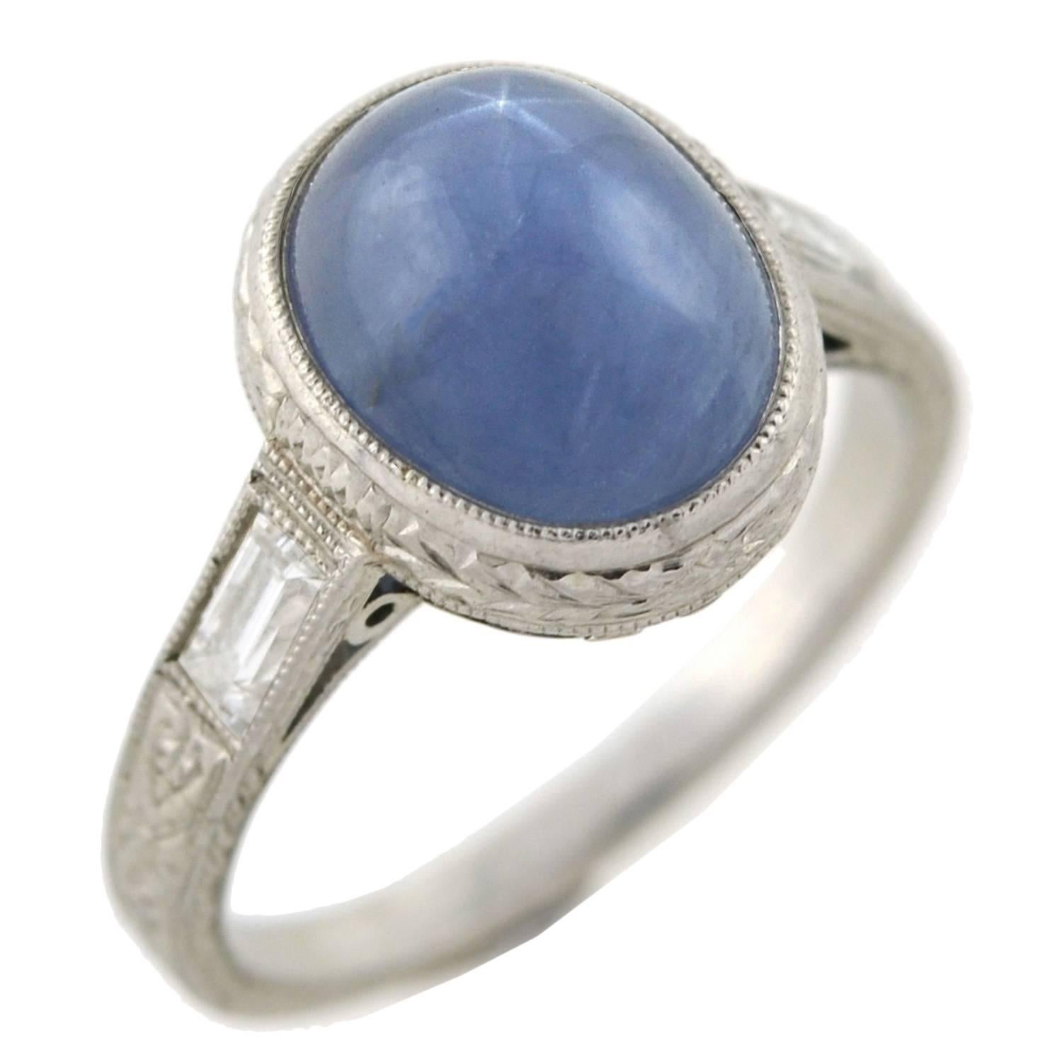 Baguette Cut Art Deco 2.50 Carat Star Sapphire Diamond Ring