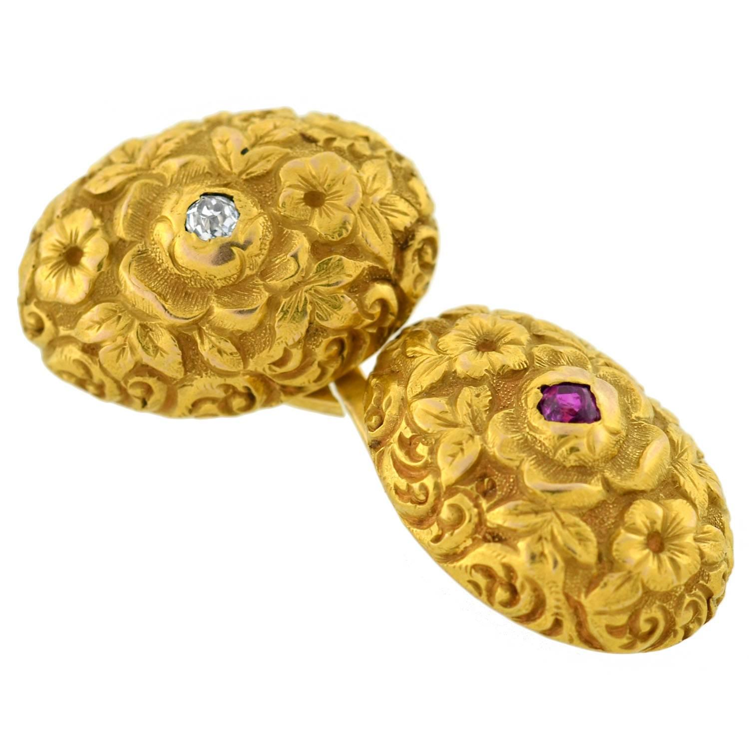 Women's or Men's Art Nouveau Diamond Ruby Sapphire Repousse Gold Cufflinks