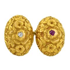 Art Nouveau Diamond Ruby Sapphire Repousse Gold Cufflinks