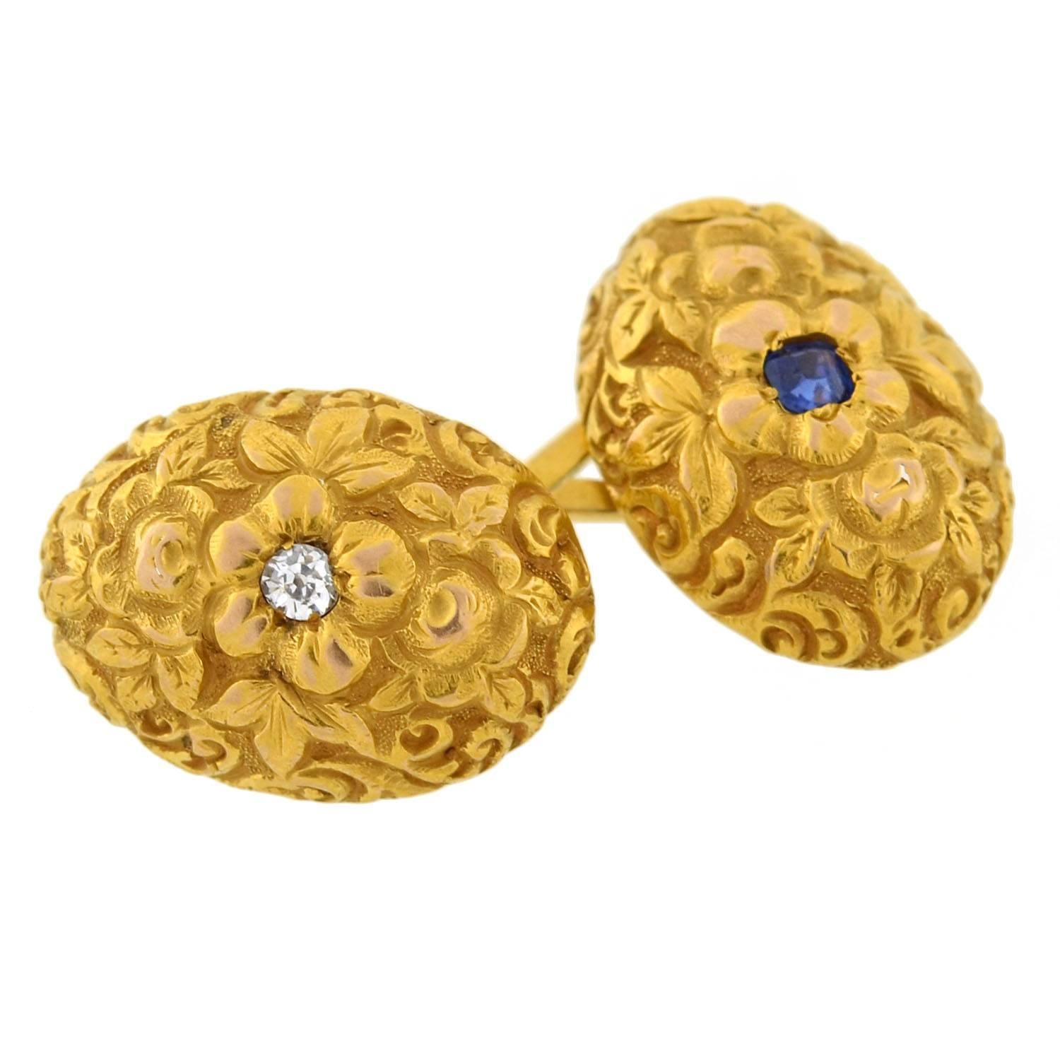 Art Nouveau Diamond Ruby Sapphire Repousse Gold Cufflinks 2