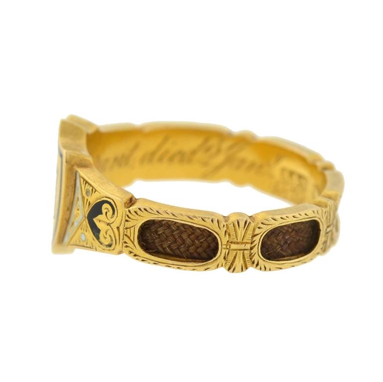 Women's Victorian English Enameled Woven Hair Gold Mourning Ring For Sale