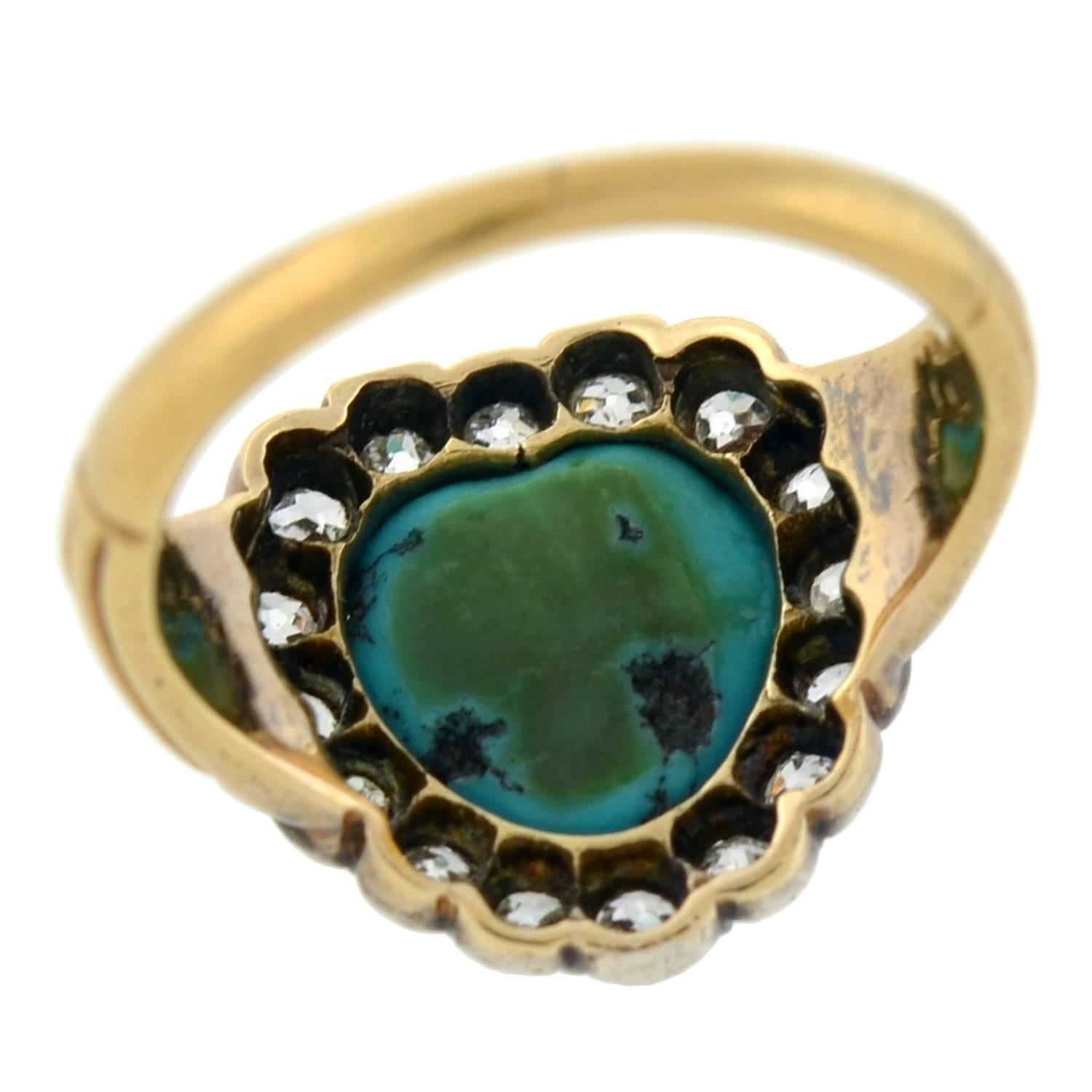 Antique Victorian Persian Turquoise Diamond Heart Ring 2