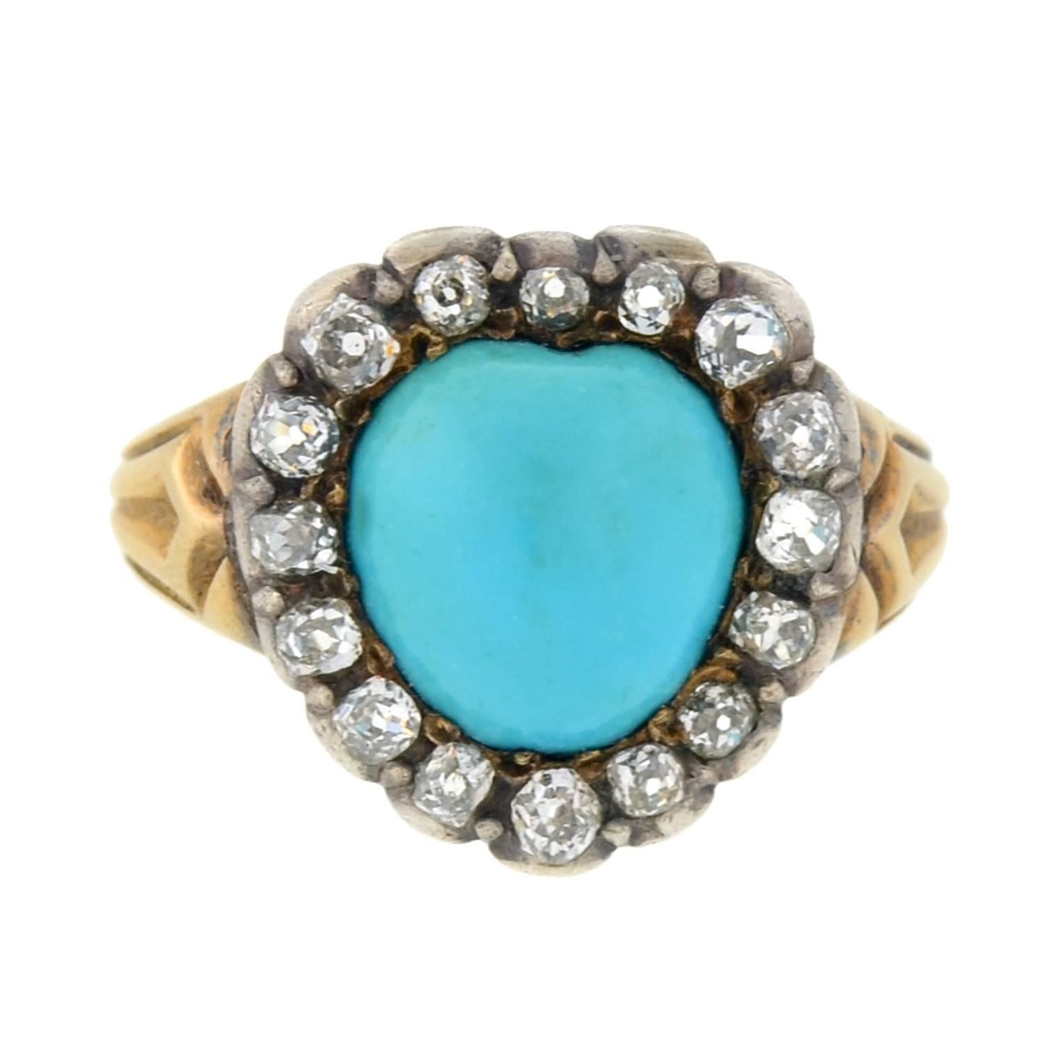 Antique Victorian Persian Turquoise Diamond Heart Ring In Excellent Condition In Narberth, PA