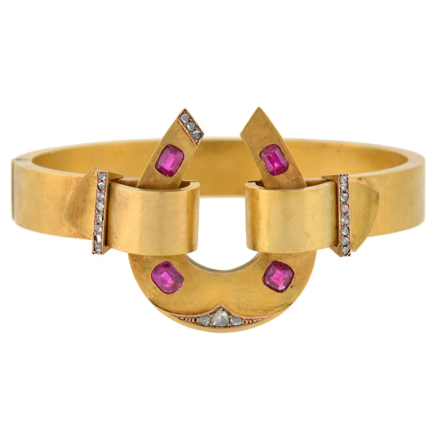 Victorian Natural Ruby Diamond Gold Horseshoe Bracelet