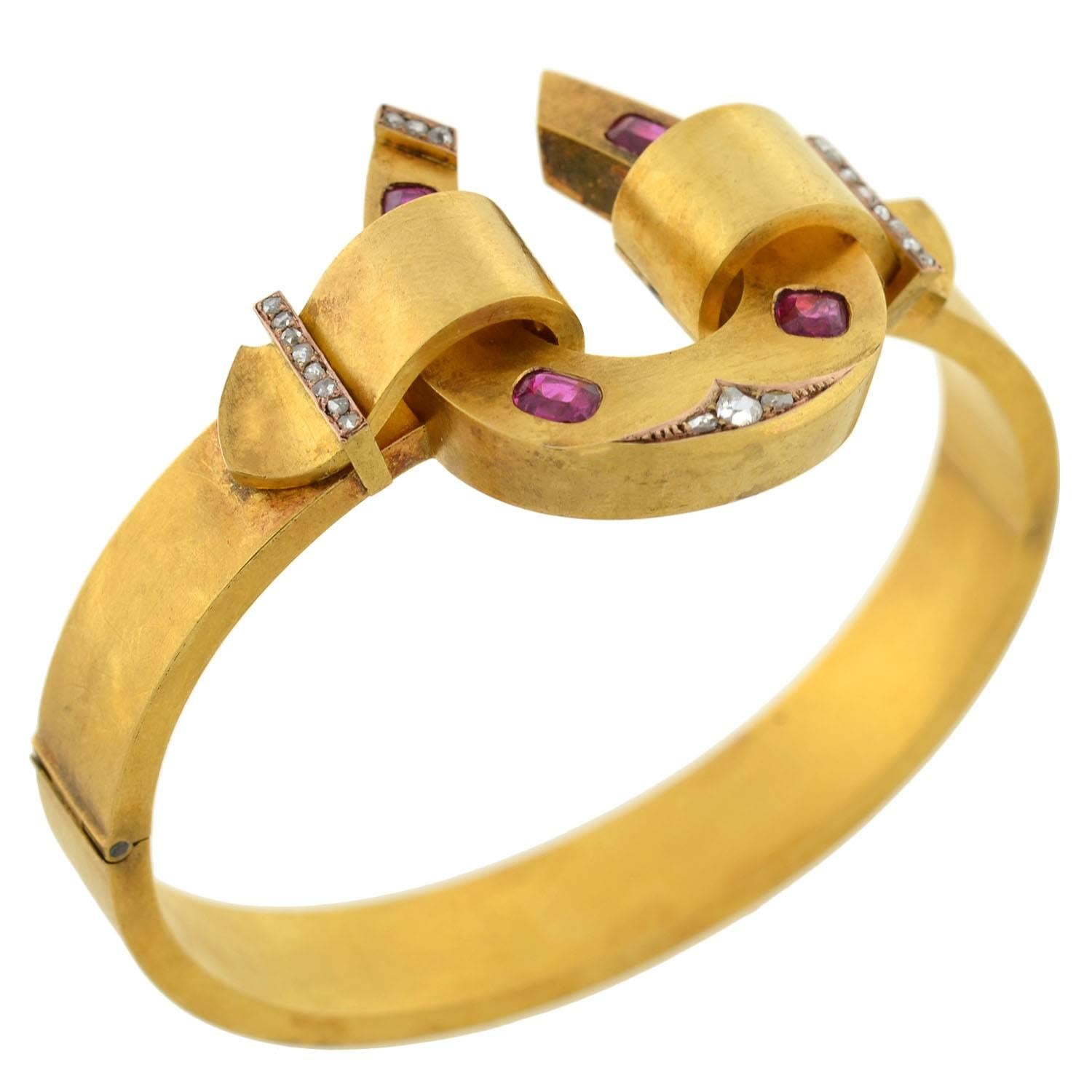 Women's Victorian Natural Ruby Diamond Gold Horseshoe Bracelet For Sale