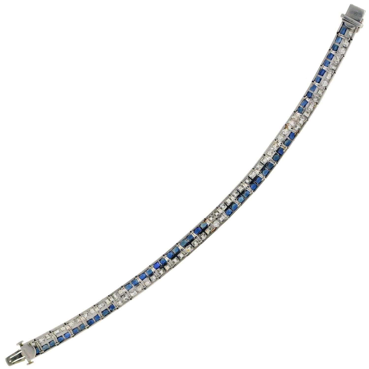 Art Deco French Cut Diamond Sapphire Line Bracelet 3