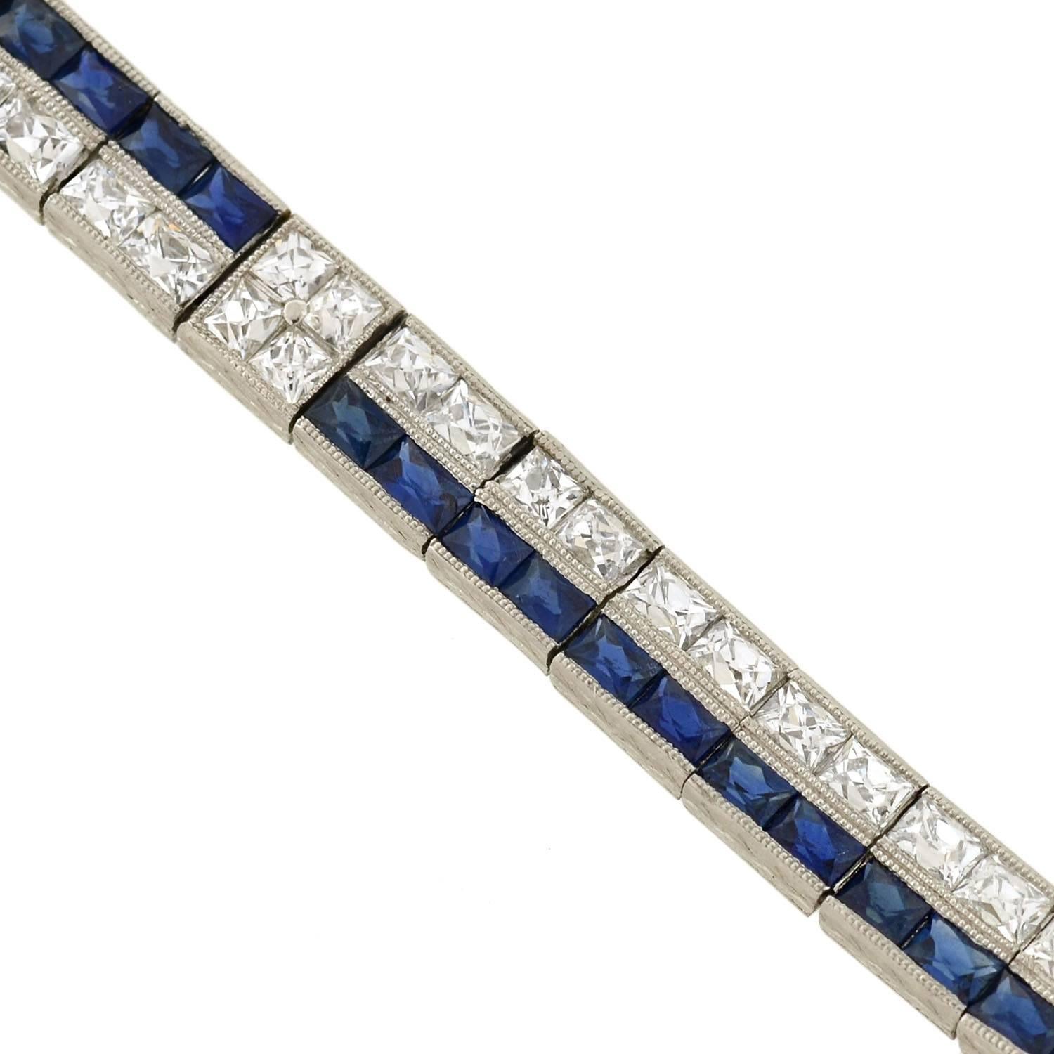 Women's Art Deco French Cut Diamond Sapphire Line Bracelet