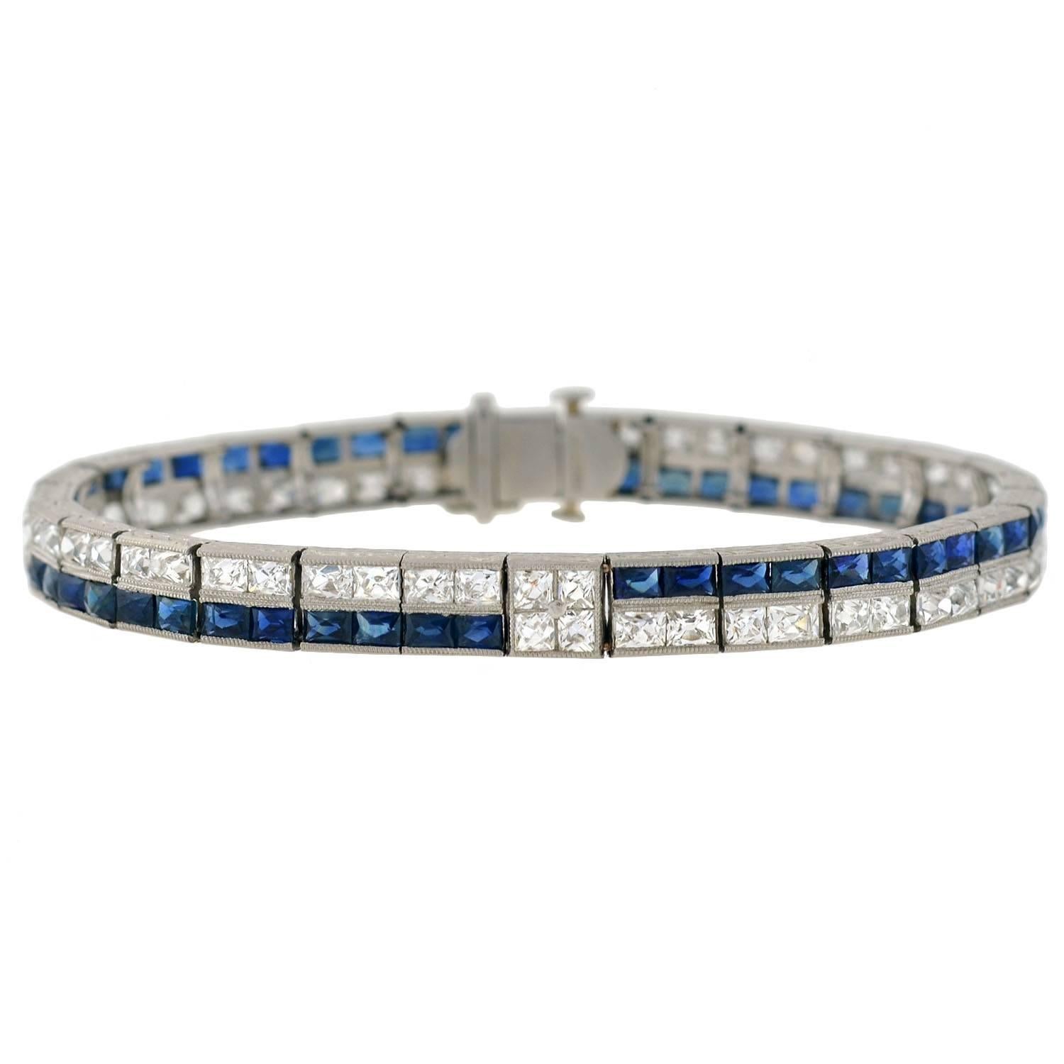 Art Deco French Cut Diamond Sapphire Line Bracelet