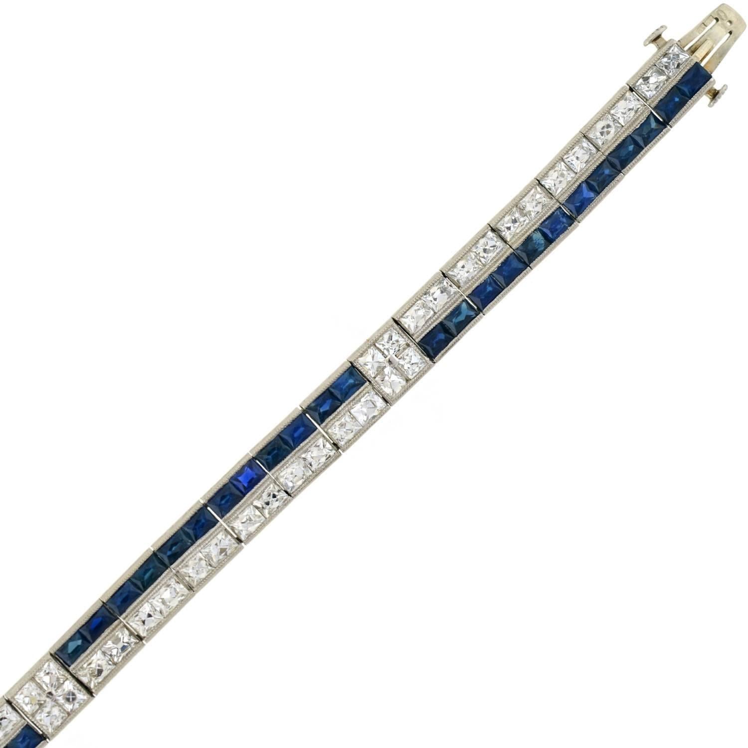 Art Deco French Cut Diamond Sapphire Line Bracelet In Excellent Condition In Narberth, PA