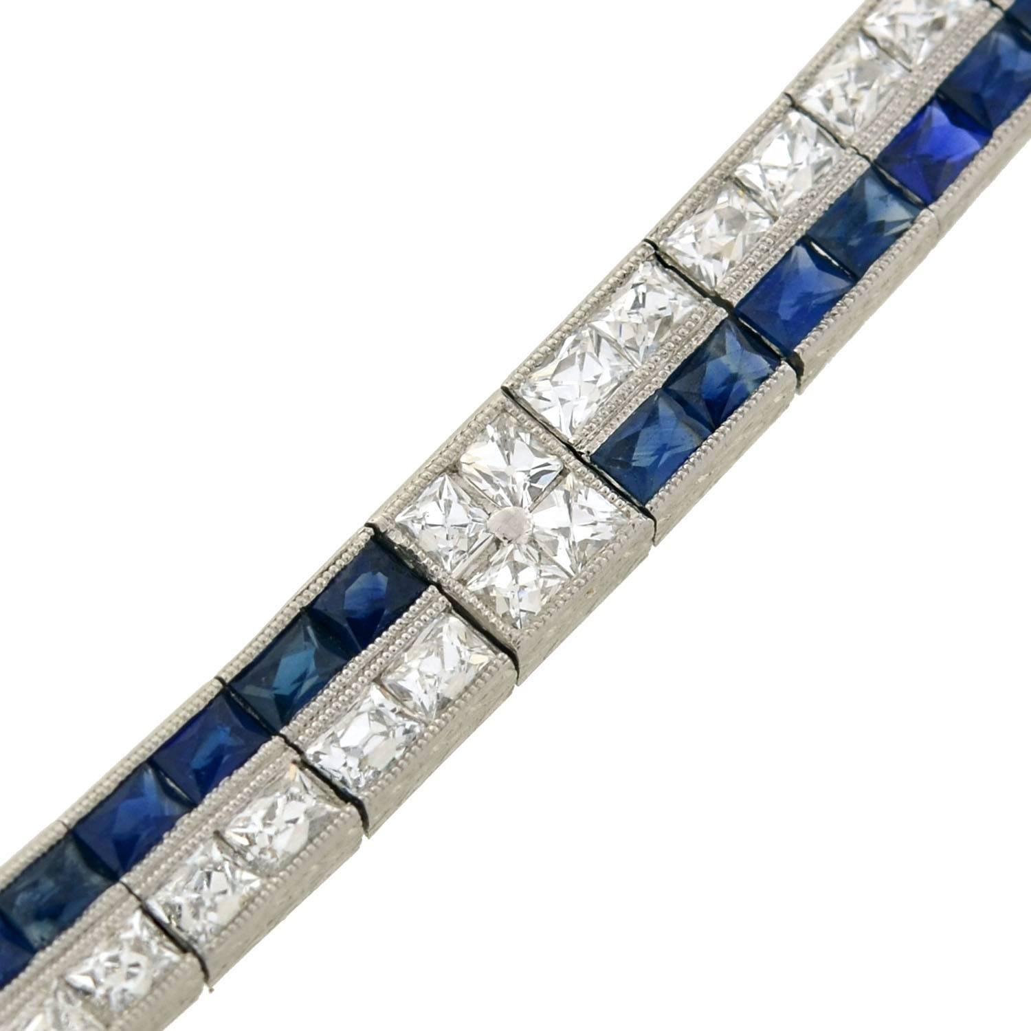 Art Deco French Cut Diamond Sapphire Line Bracelet 2