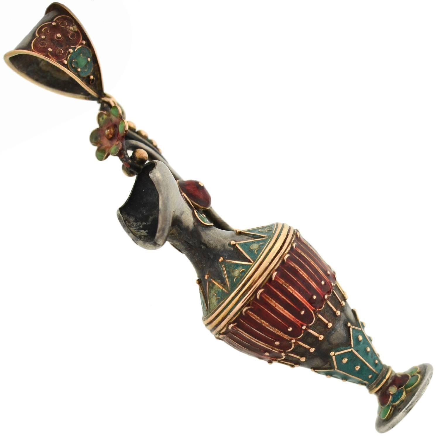 Victorian Enameled Etruscan Urn Earrings, Pendant Set For Sale 2
