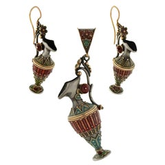 Antique Victorian Enameled Etruscan Urn Earrings, Pendant Set