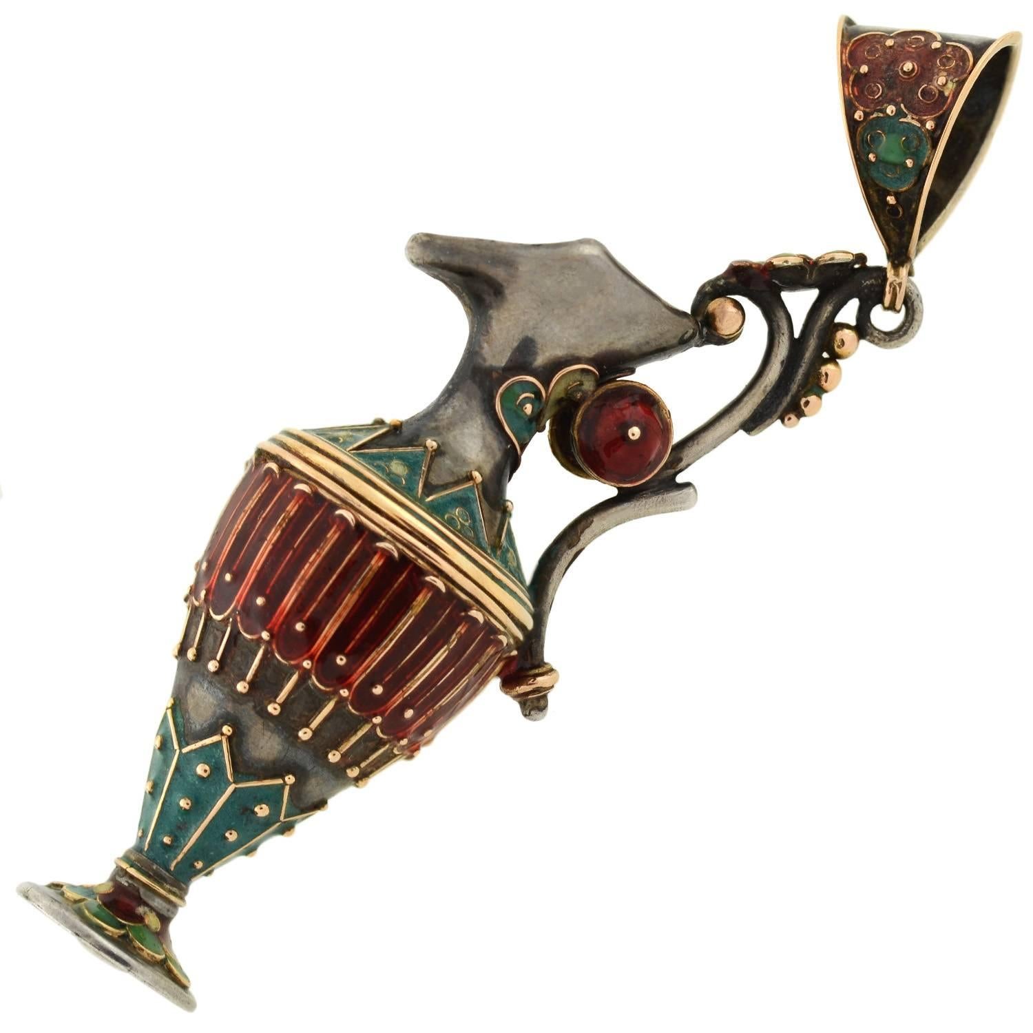 Victorian Enameled Etruscan Urn Earrings, Pendant Set For Sale 3