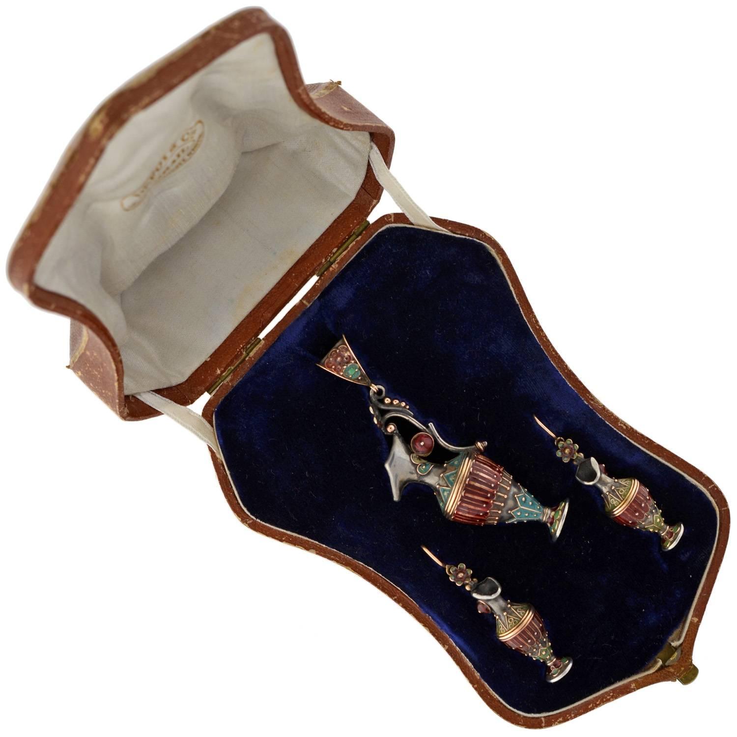 Victorian Enameled Etruscan Urn Earrings, Pendant Set For Sale 5