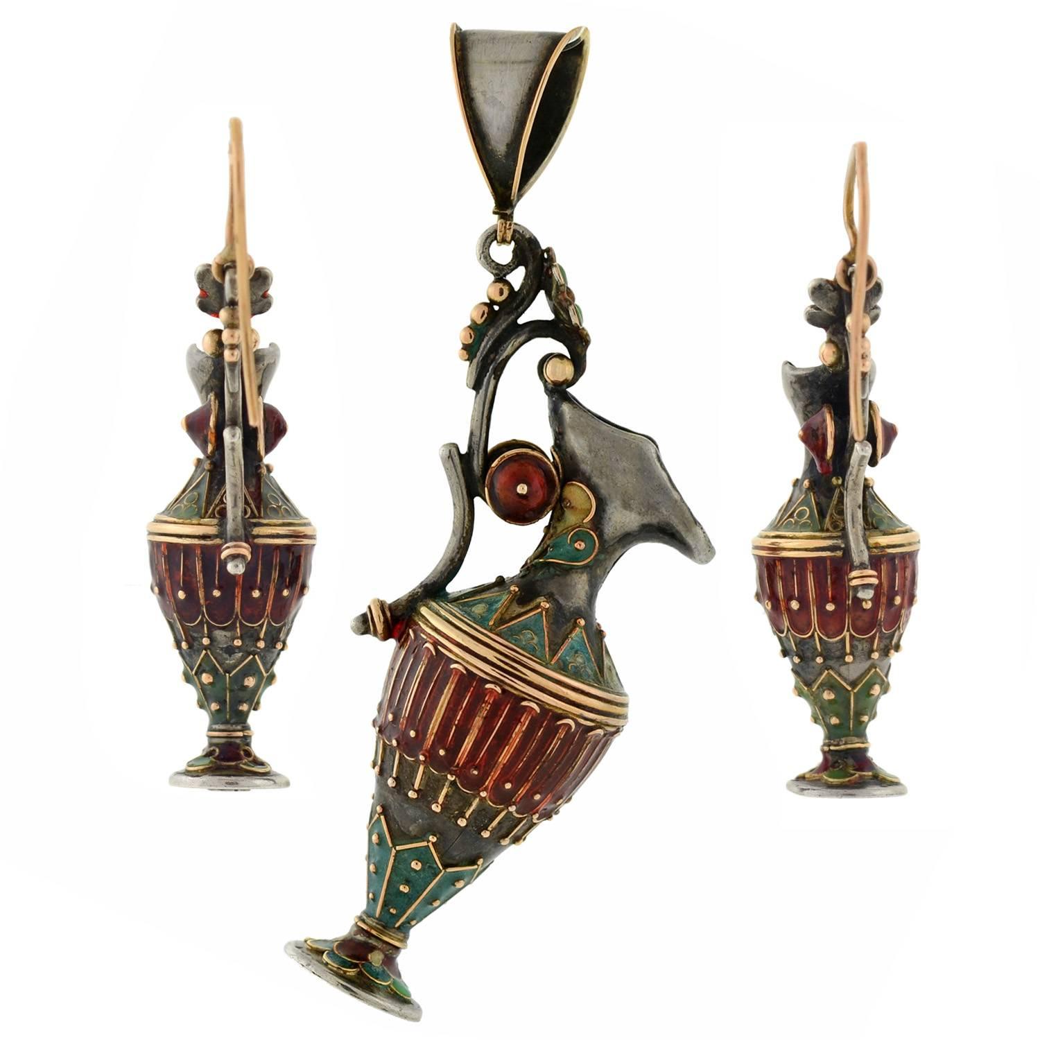 Victorian Enameled Etruscan Urn Earrings, Pendant Set For Sale 4