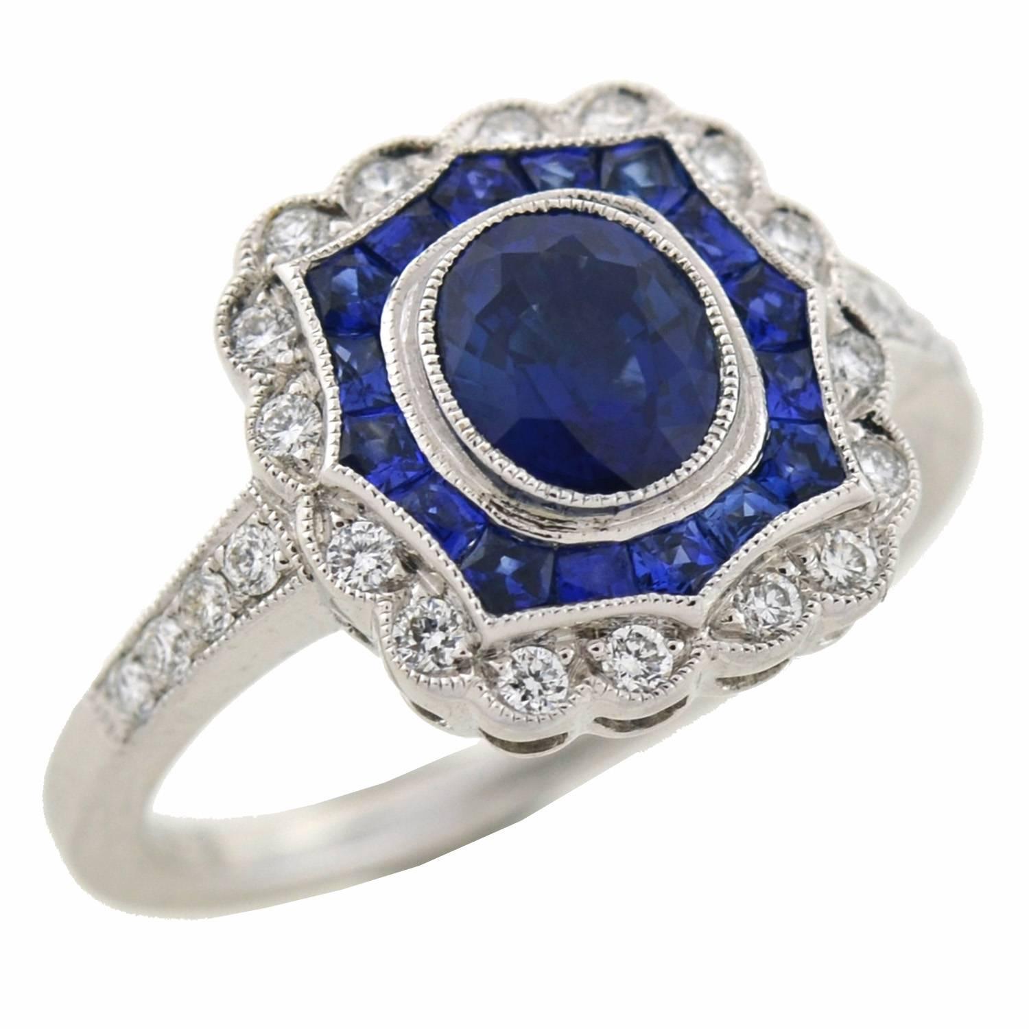 Geometric Style Sapphire Diamond White Gold Ring In Excellent Condition In Narberth, PA