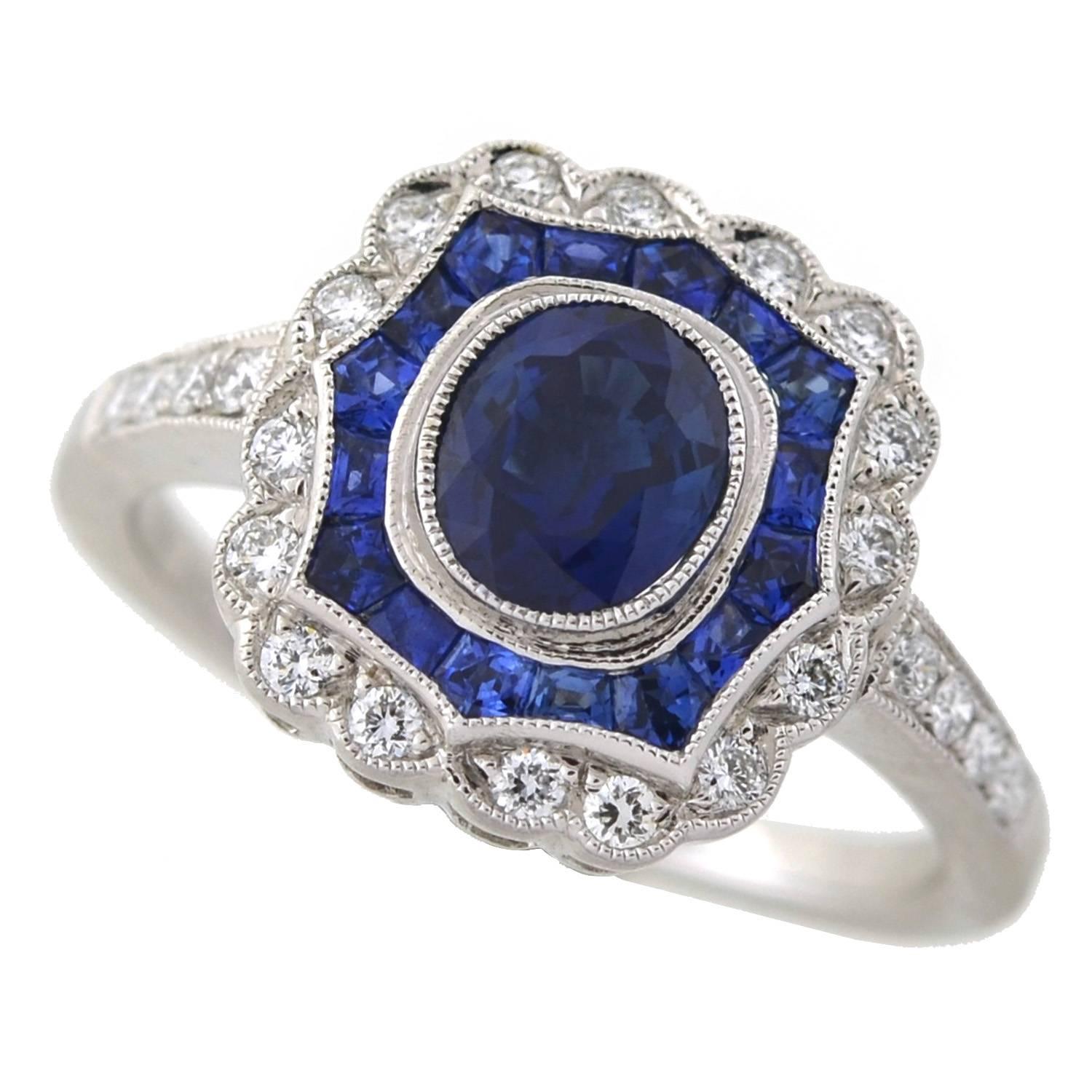 Women's Geometric Style Sapphire Diamond White Gold Ring