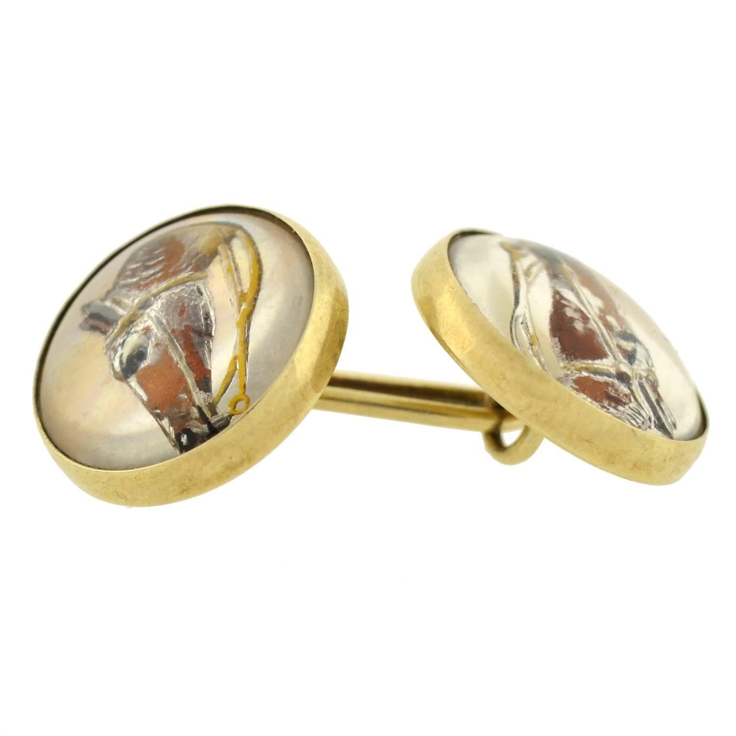 Art Deco Reverse Carved Rock Crystal Mother-of-Pearl Horse Motif Cufflinks 1