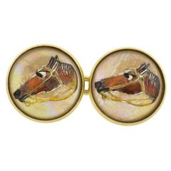 Art Deco Reverse Carved Rock Crystal Mother-of-Pearl Horse Motif Cufflinks