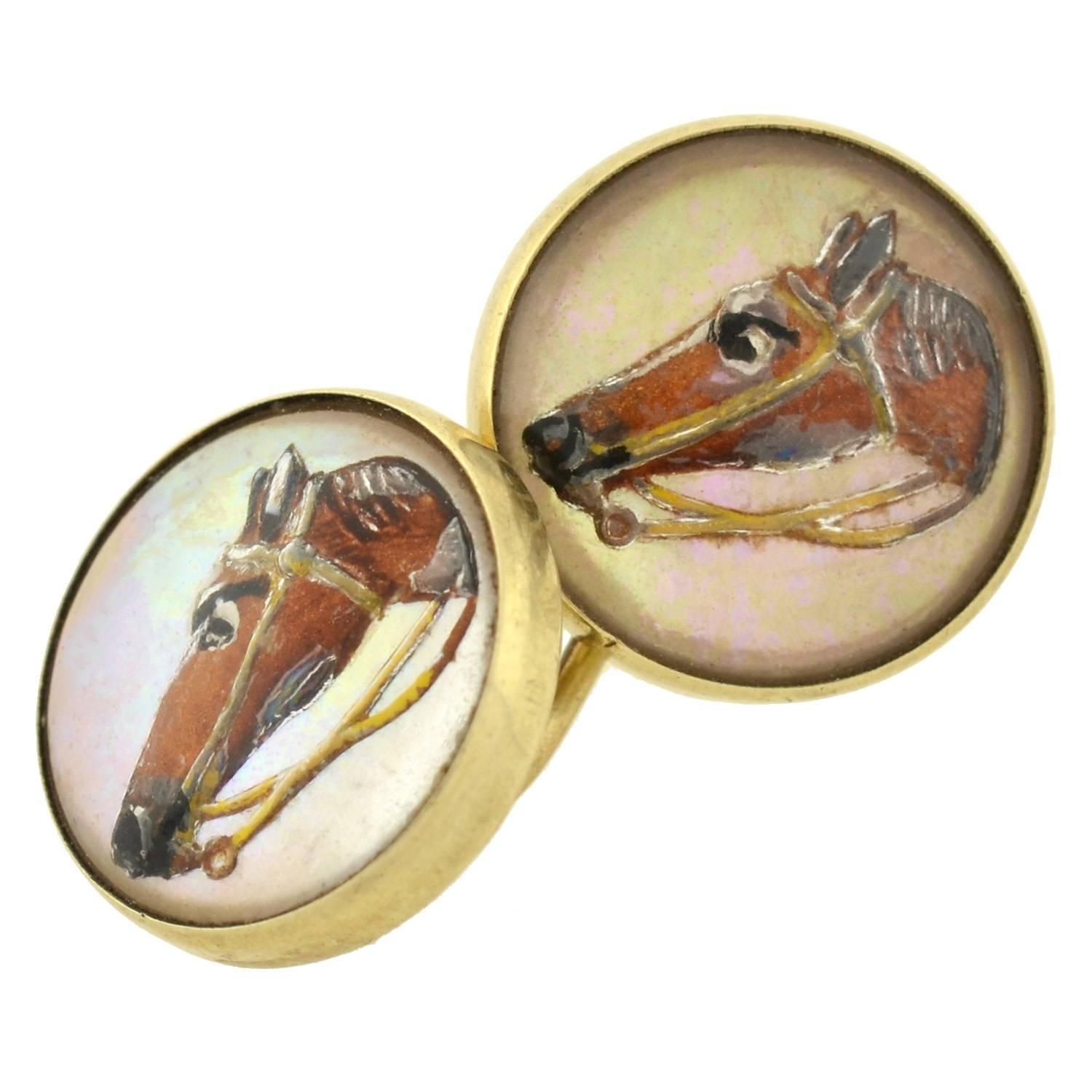 Women's or Men's Art Deco Reverse Carved Rock Crystal Mother-of-Pearl Horse Motif Cufflinks