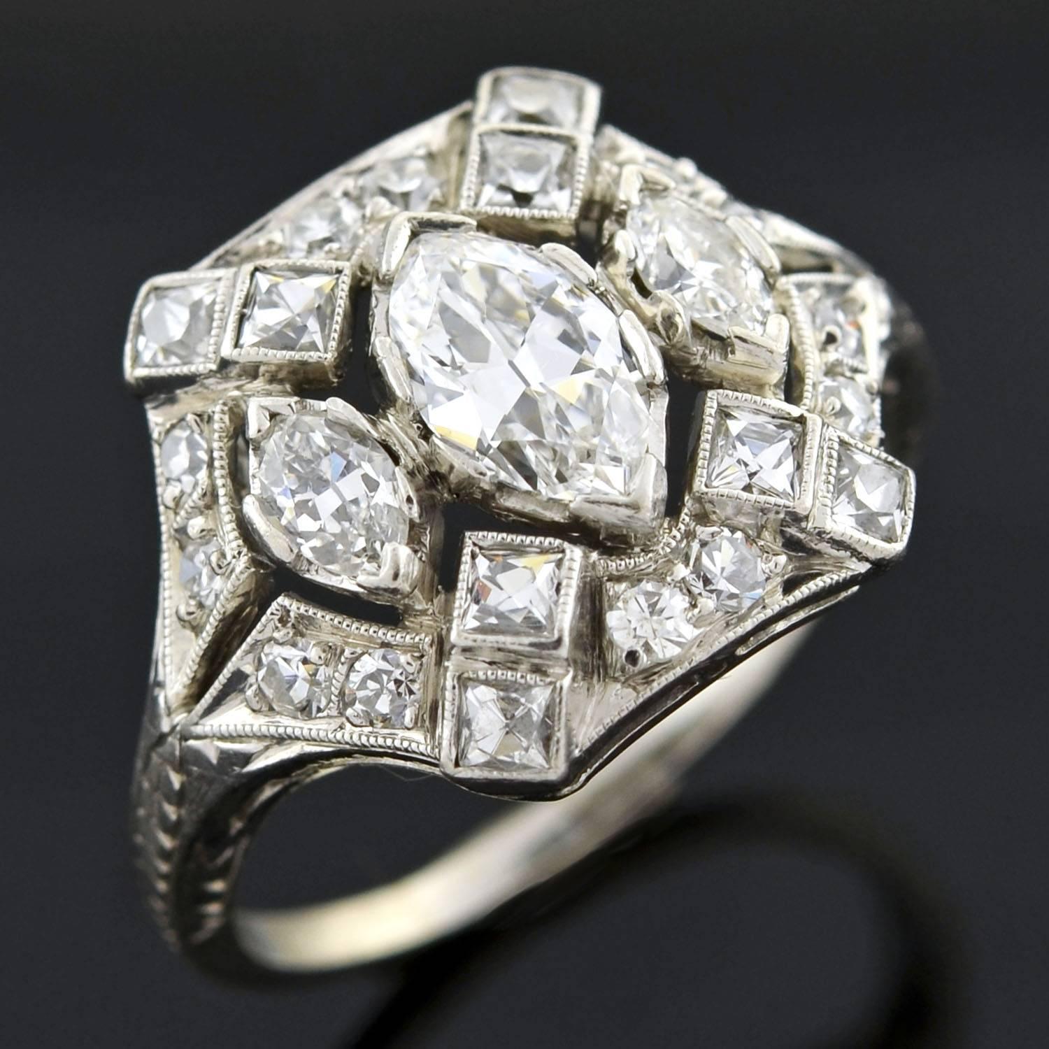 Edwardian Marquise and French Cut Diamond Ring 1.70 Carat In Excellent Condition In Narberth, PA