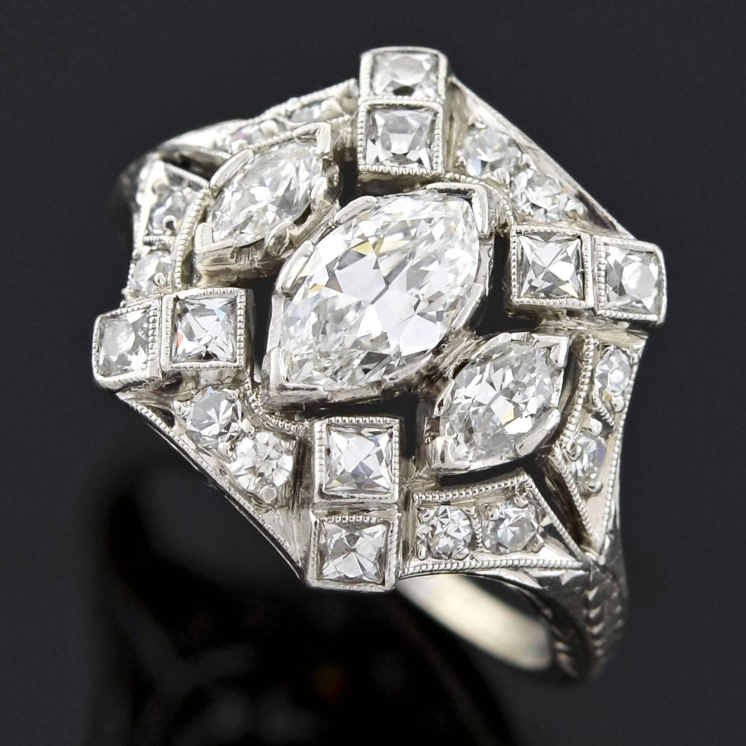 Women's Edwardian Marquise and French Cut Diamond Ring 1.70 Carat
