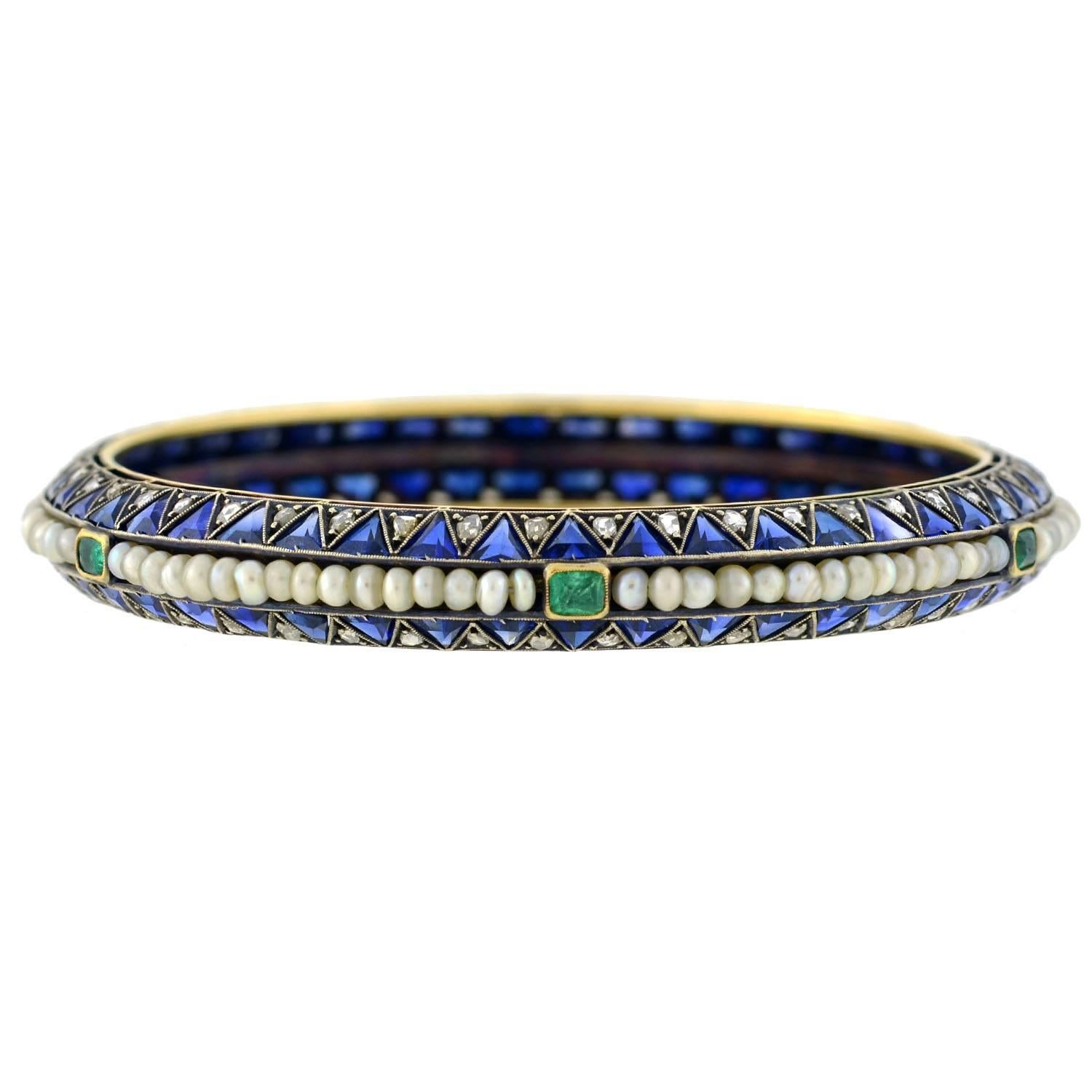 Edwardian Sapphire, Emerald Pearl, Diamond Bangle Bracelet