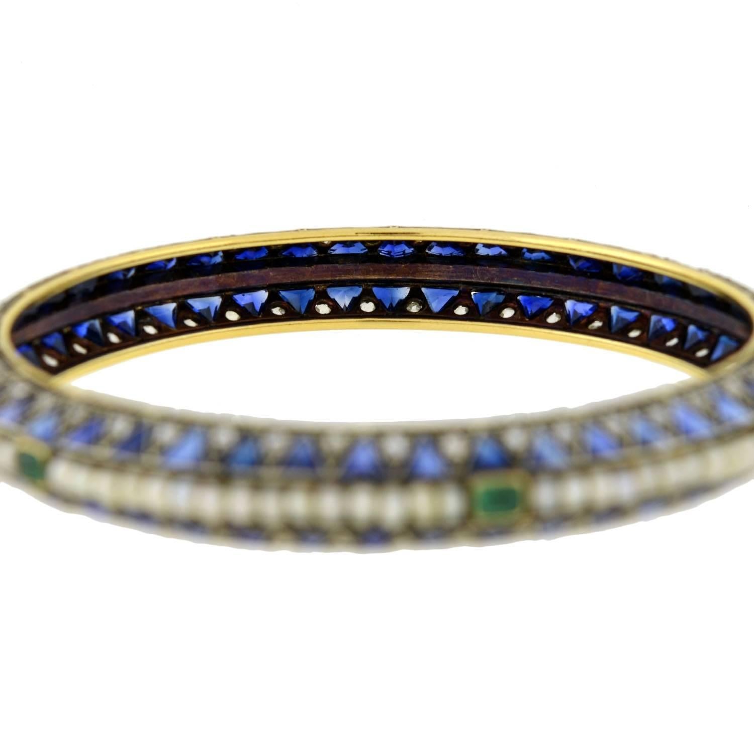 Edwardian Sapphire, Emerald Pearl, Diamond Bangle Bracelet 1