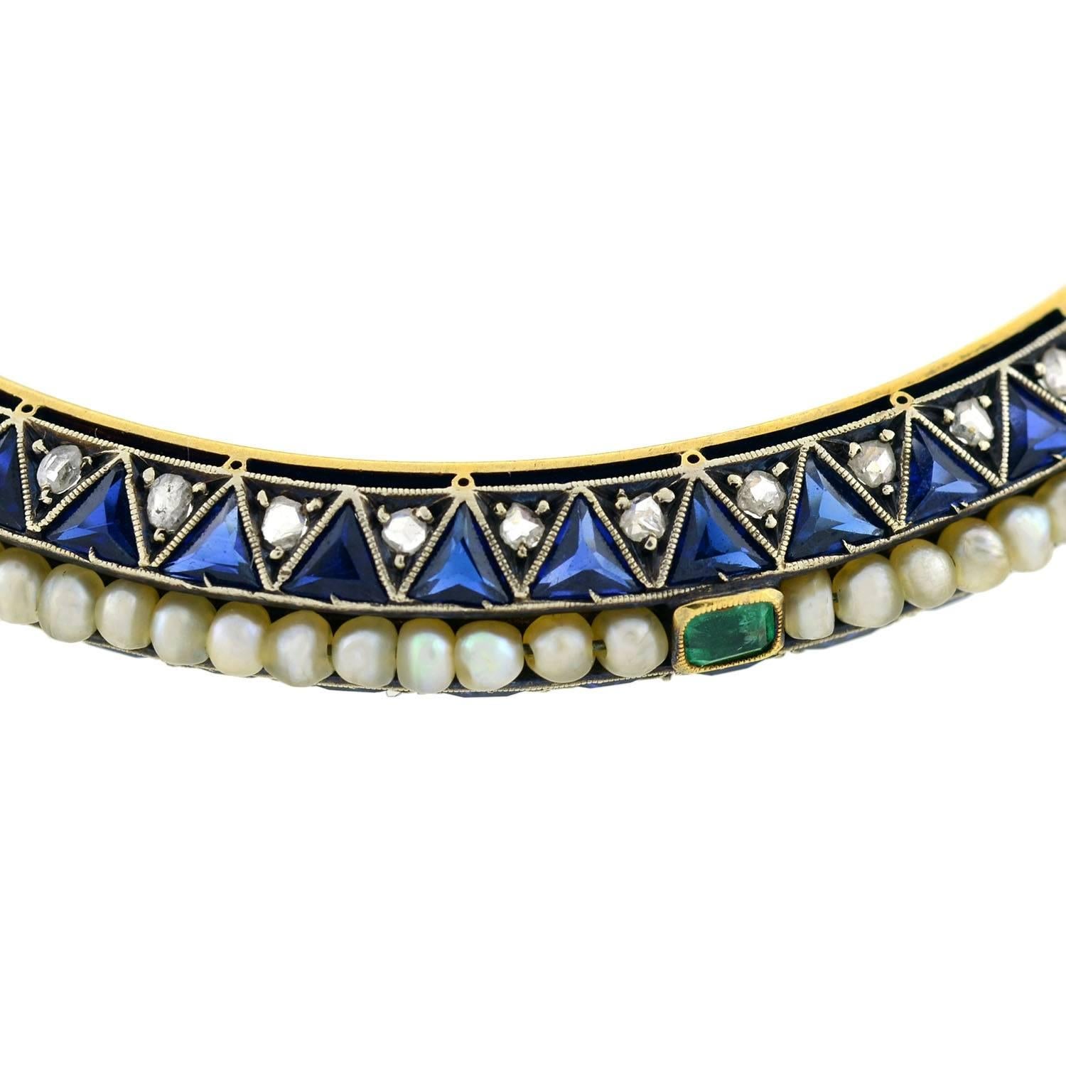 Women's Edwardian Sapphire, Emerald Pearl, Diamond Bangle Bracelet