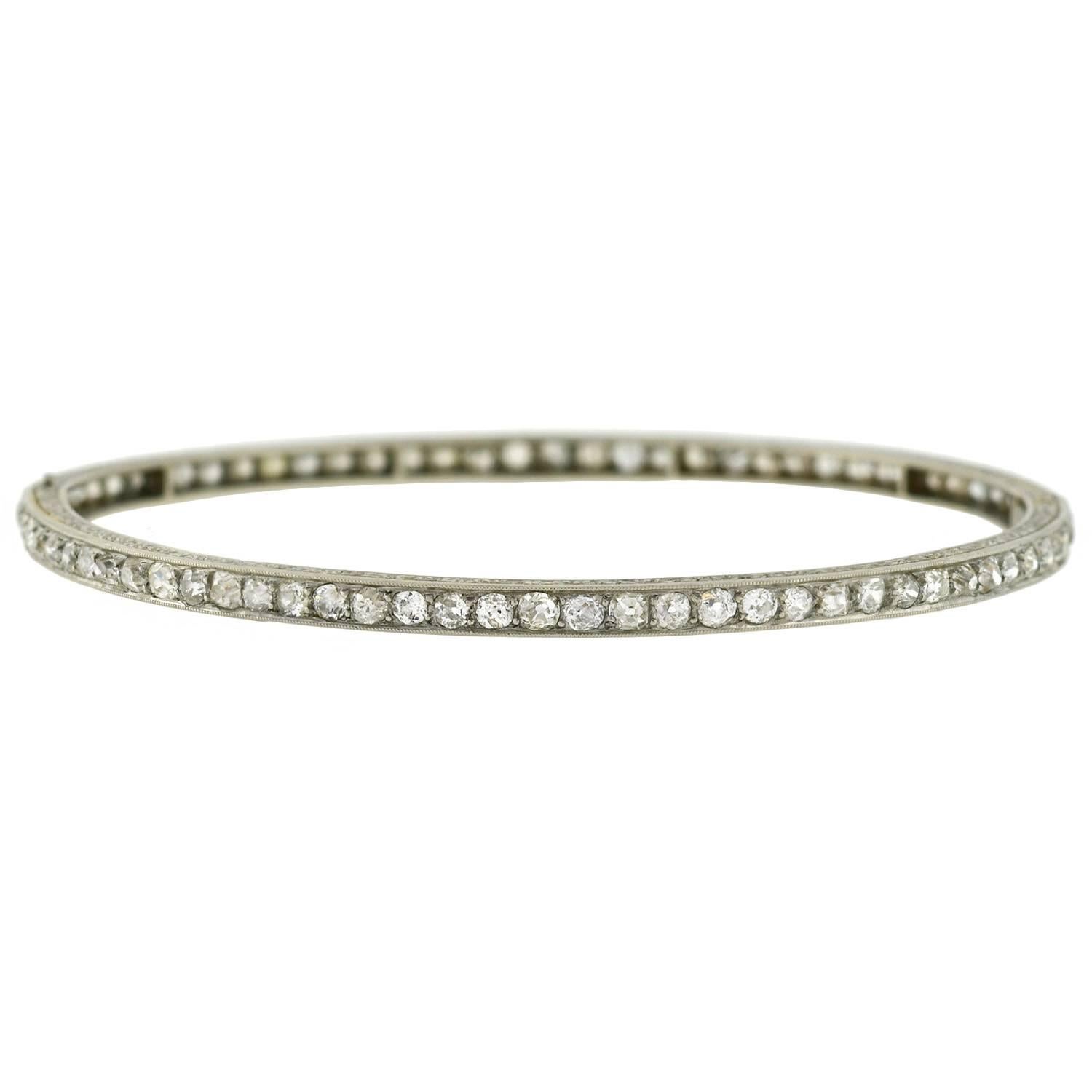 Edwardian Platinum Mine Cut Diamond Bangle Bracelet 5 Carat