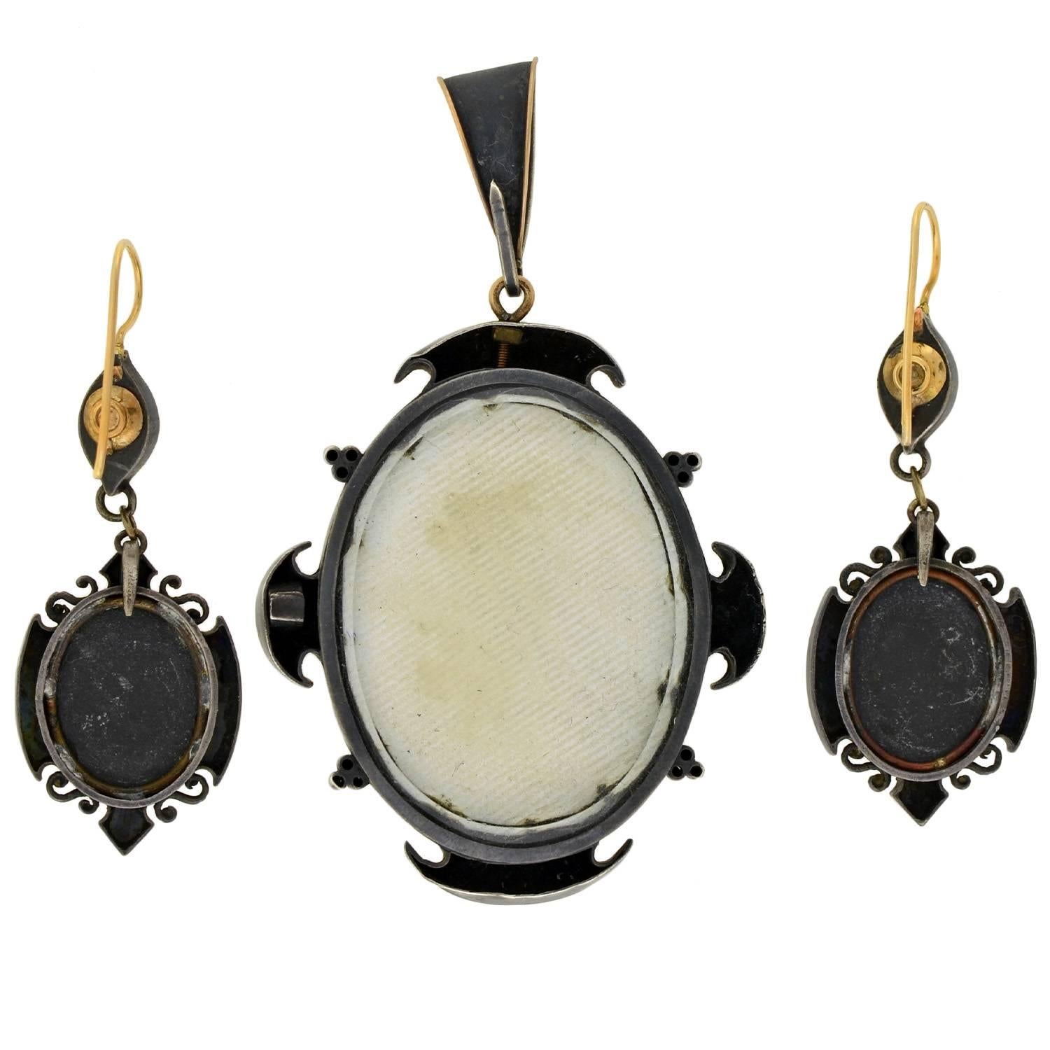 Victorian Pietra Dura Earring and Locket Set 1