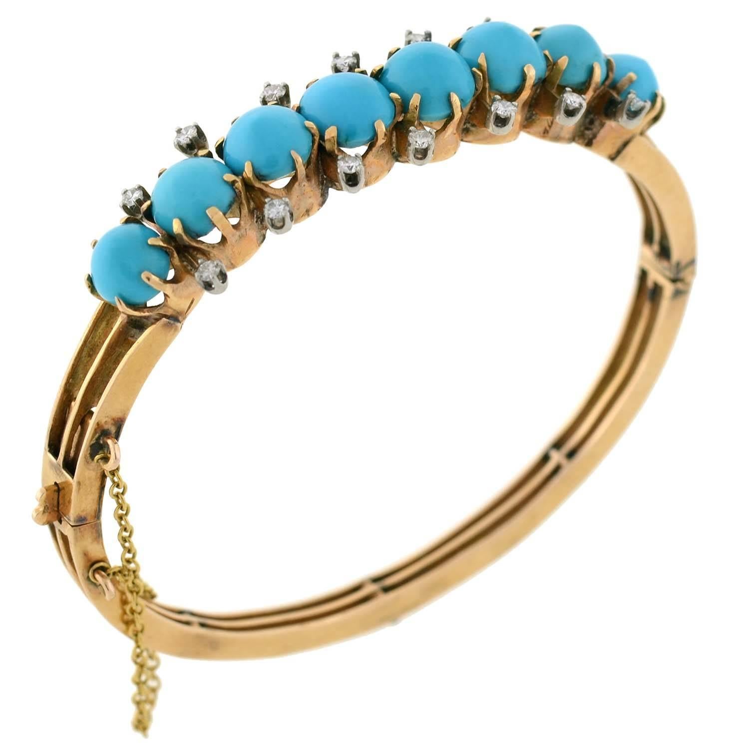 Victorian Persian Turquoise Diamond Hinged Bracelet 2