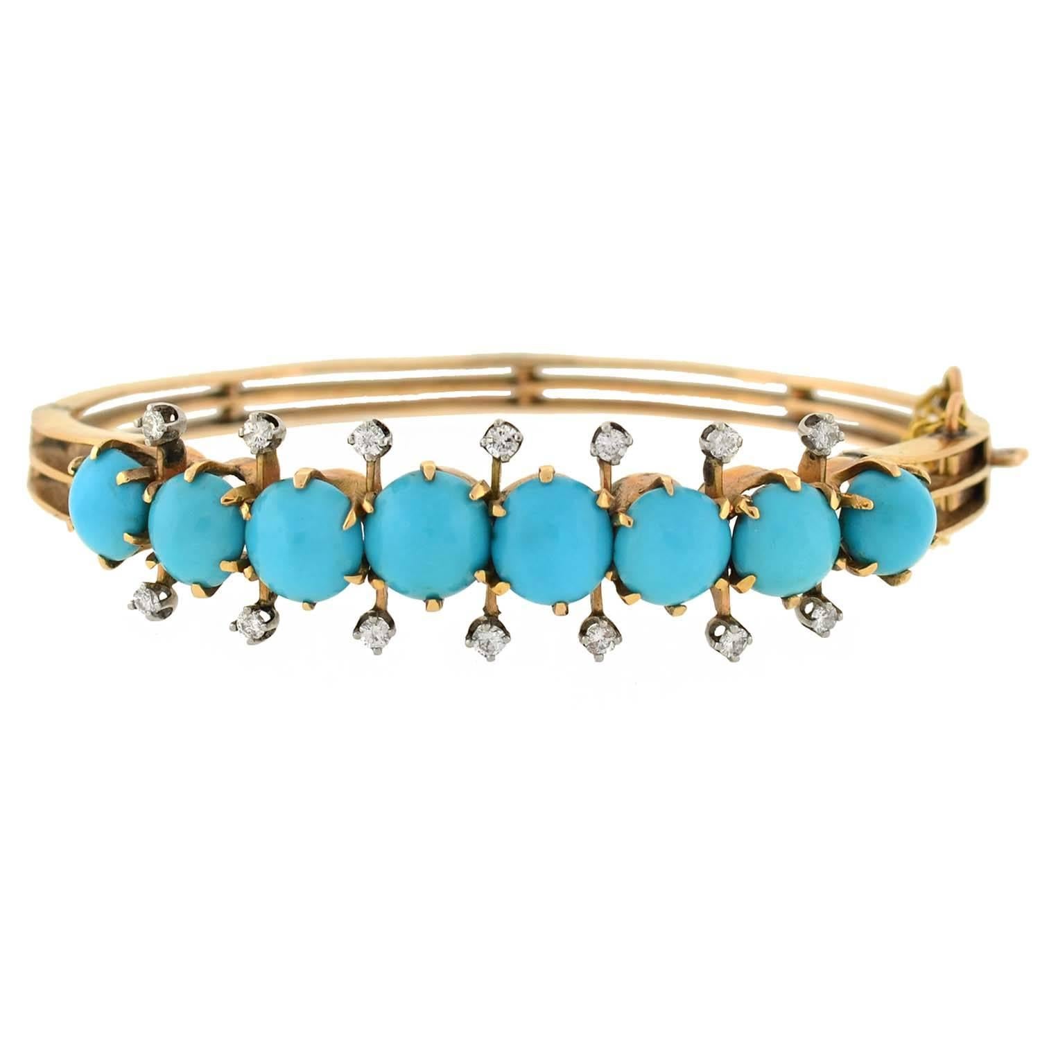 Victorian Persian Turquoise Diamond Hinged Bracelet