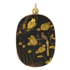 Victorian Shakudo Mixed Metals Pendant with Bird and Owl Motif