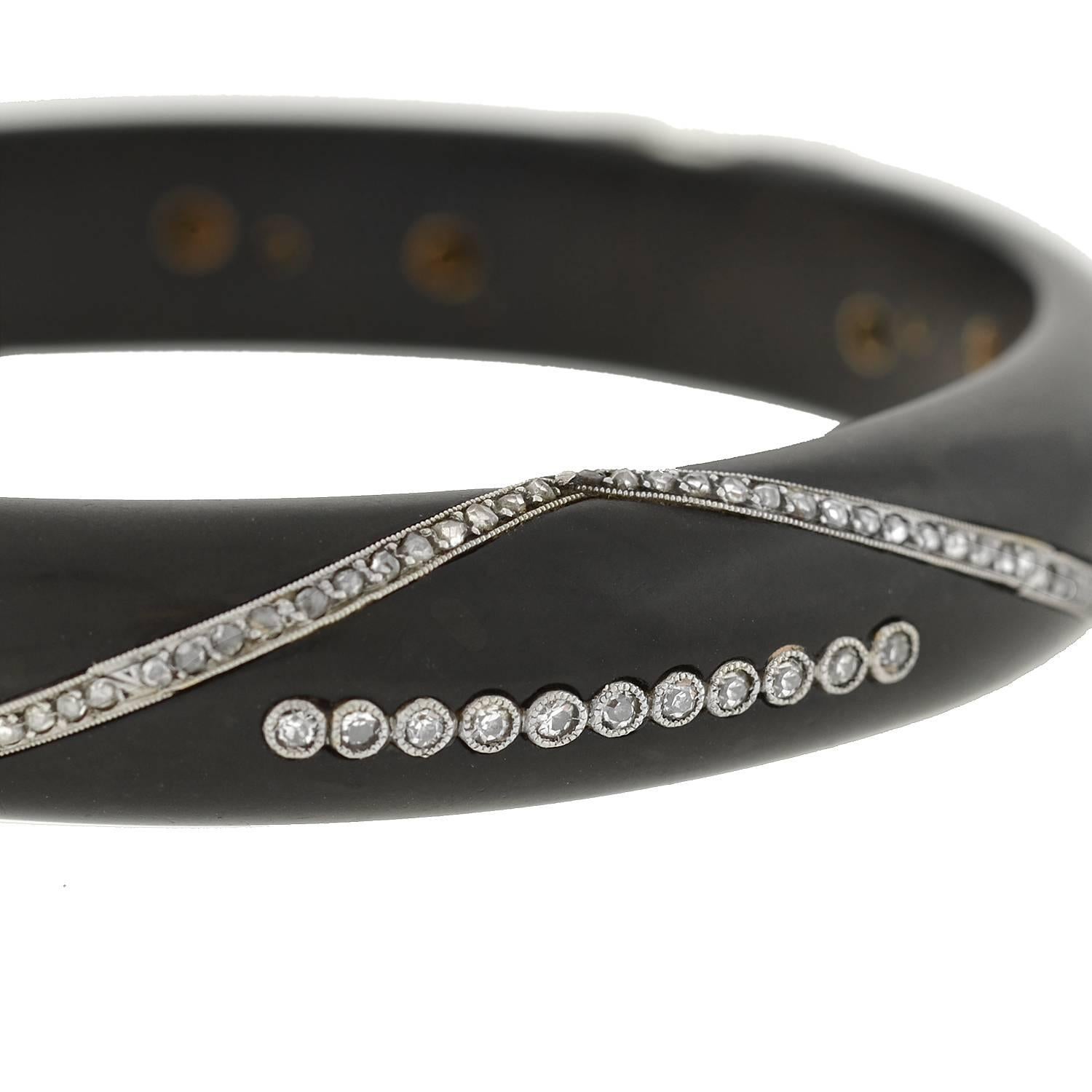 Art Deco Rare Carved Ebony Diamond Platinum Bangle Bracelet 1